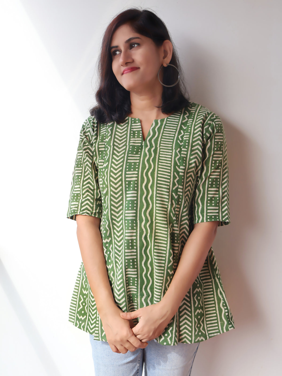 Green Meadow Charm Geometric Paneled Cotton Short Top