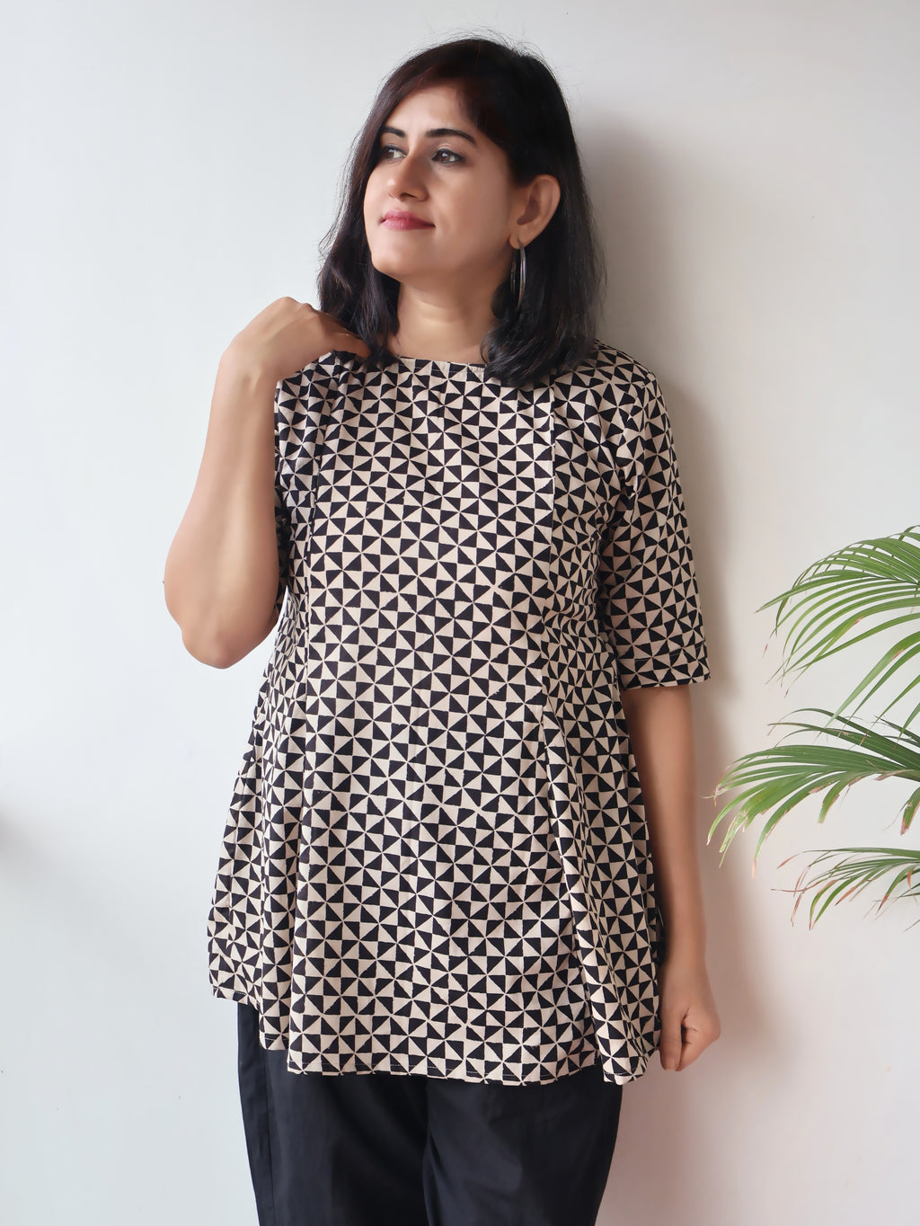 Black Chic Geometric Bagru Hand Block Cotton Paneled  Short Top