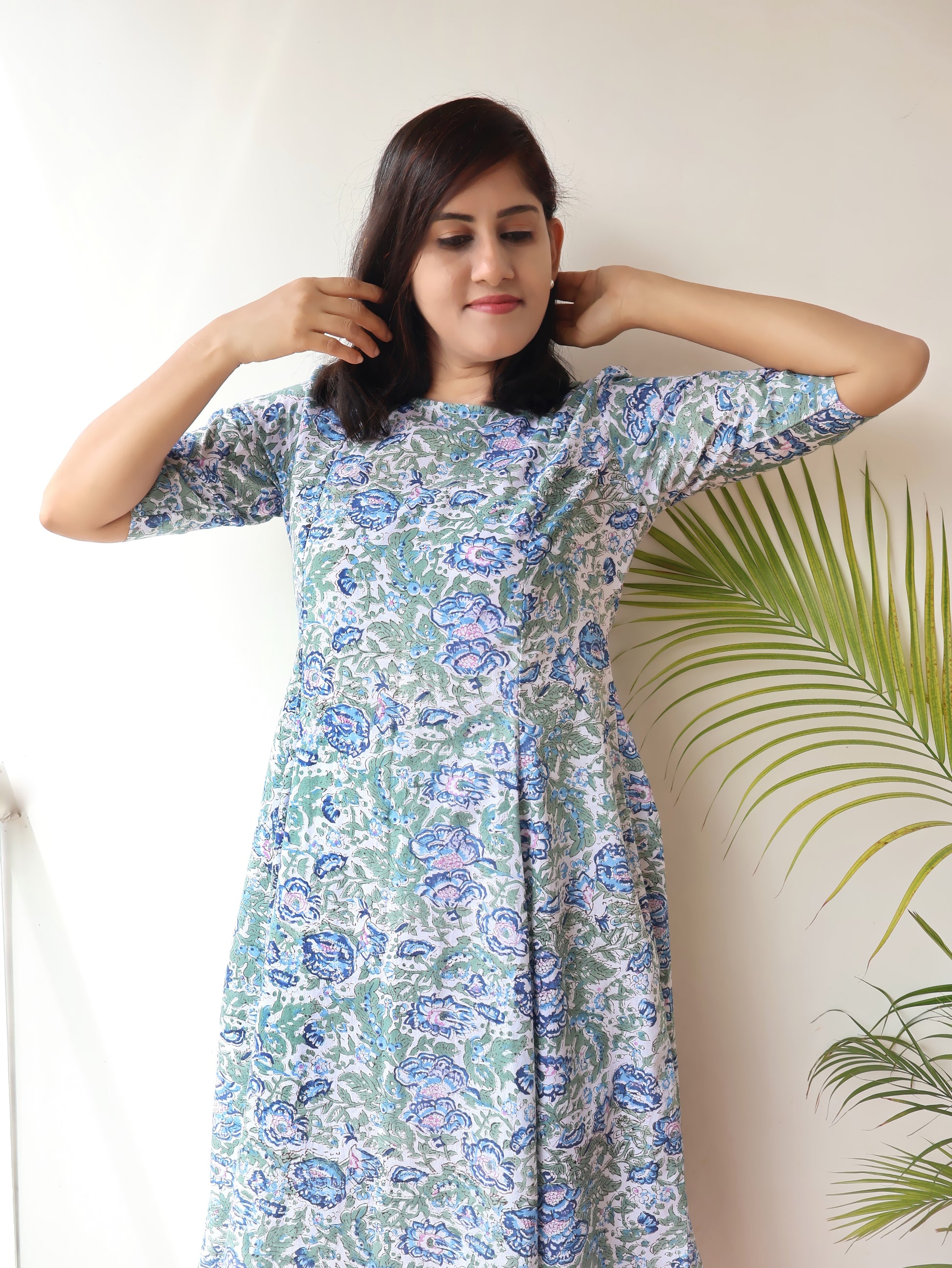 White Fern Floral Sanganeri Hand Block Cotton Kurta