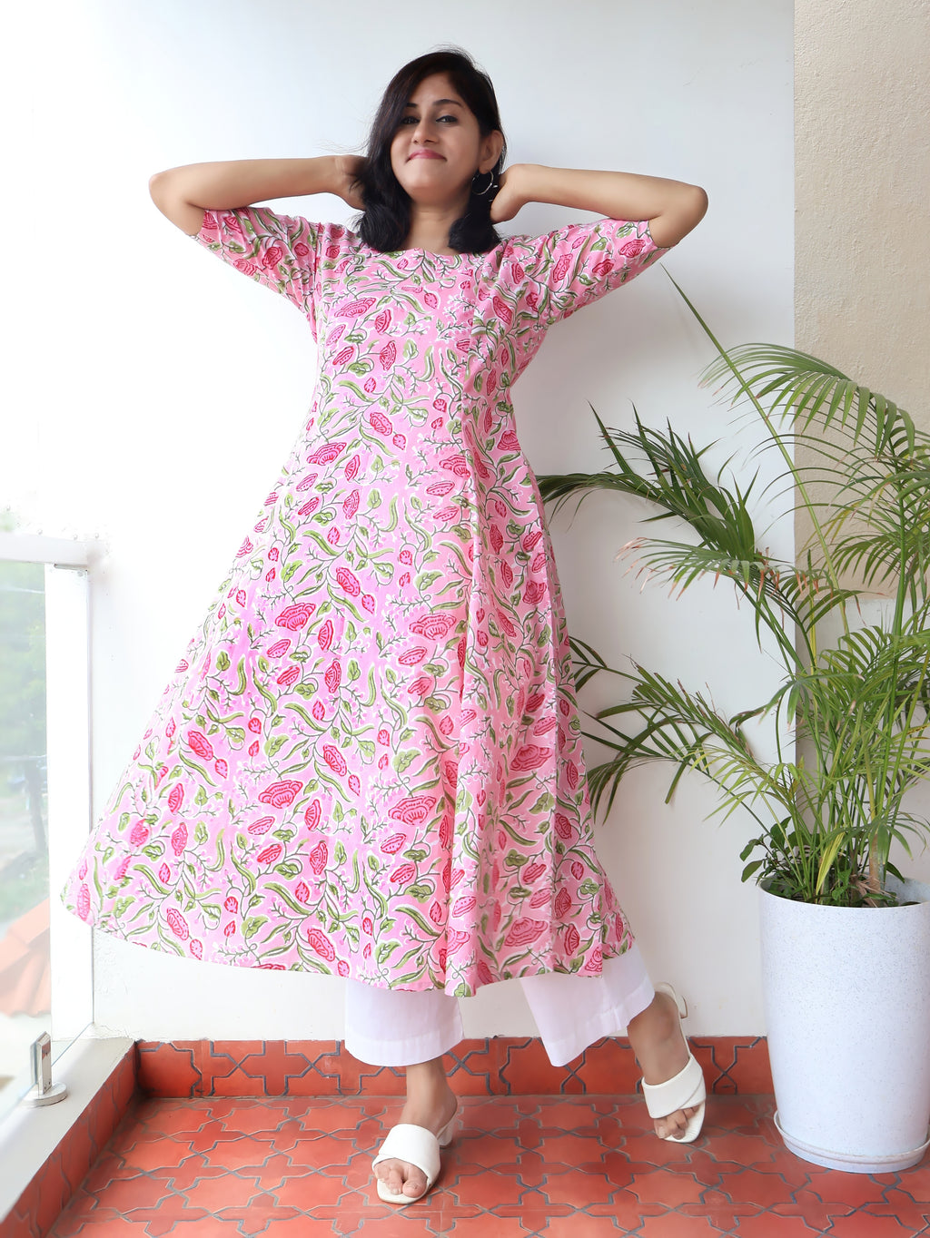 Pastel Pink Sanganeri Hand Block Cotton Kurta