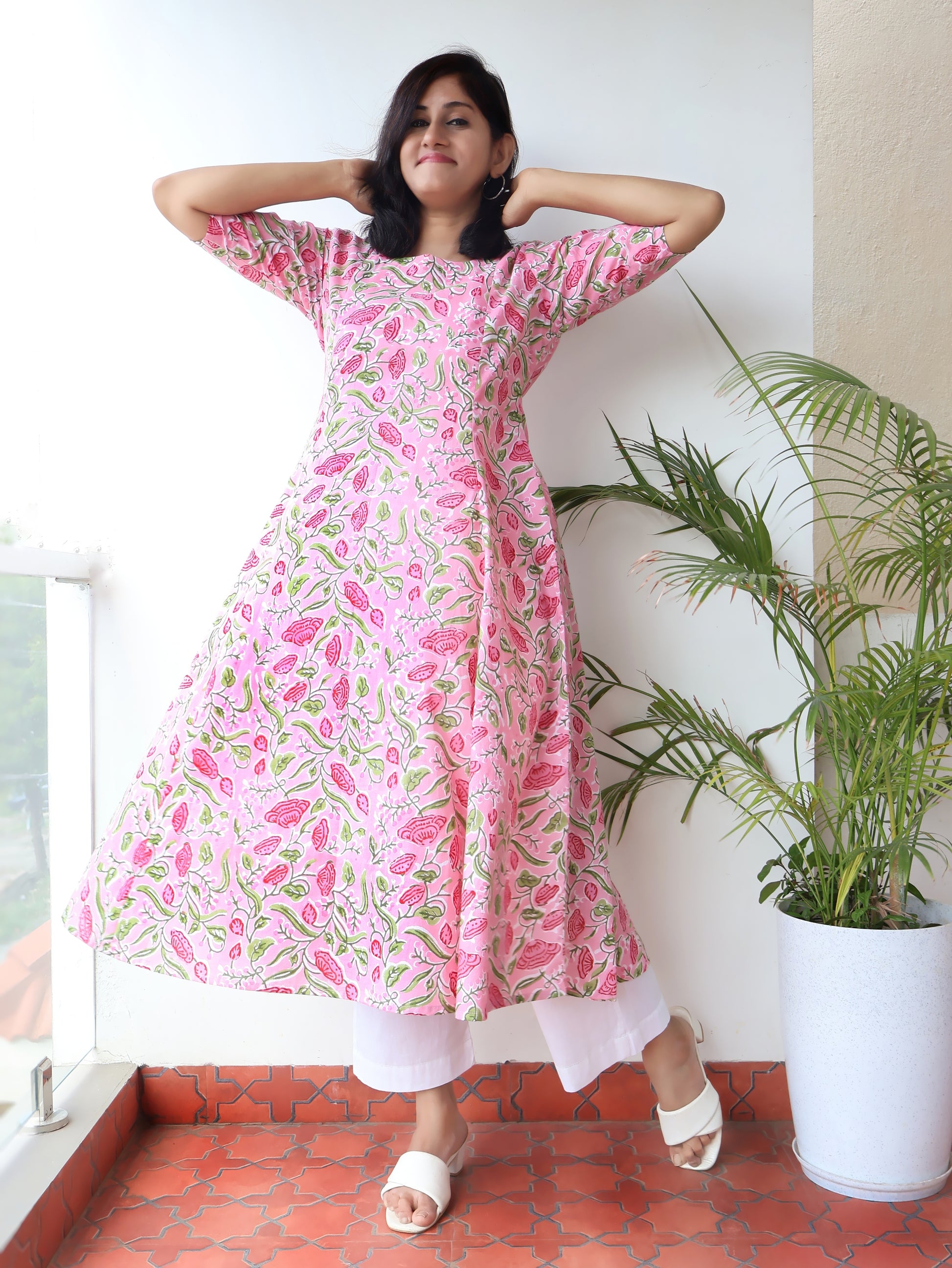 Pastel Pink Sanganeri Hand Block Cotton Kurta