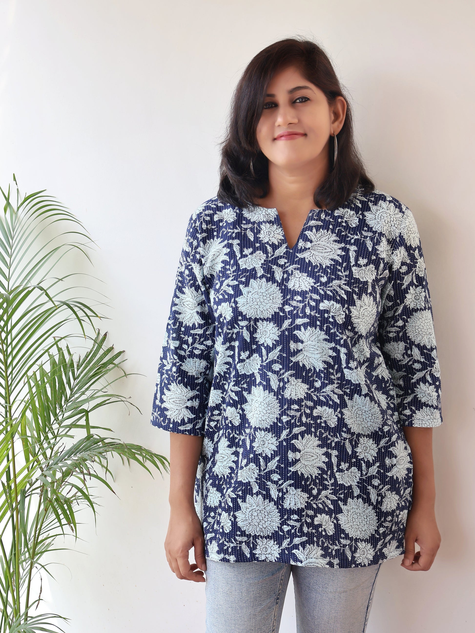 Blue Kantha Floral Cotton Short Top