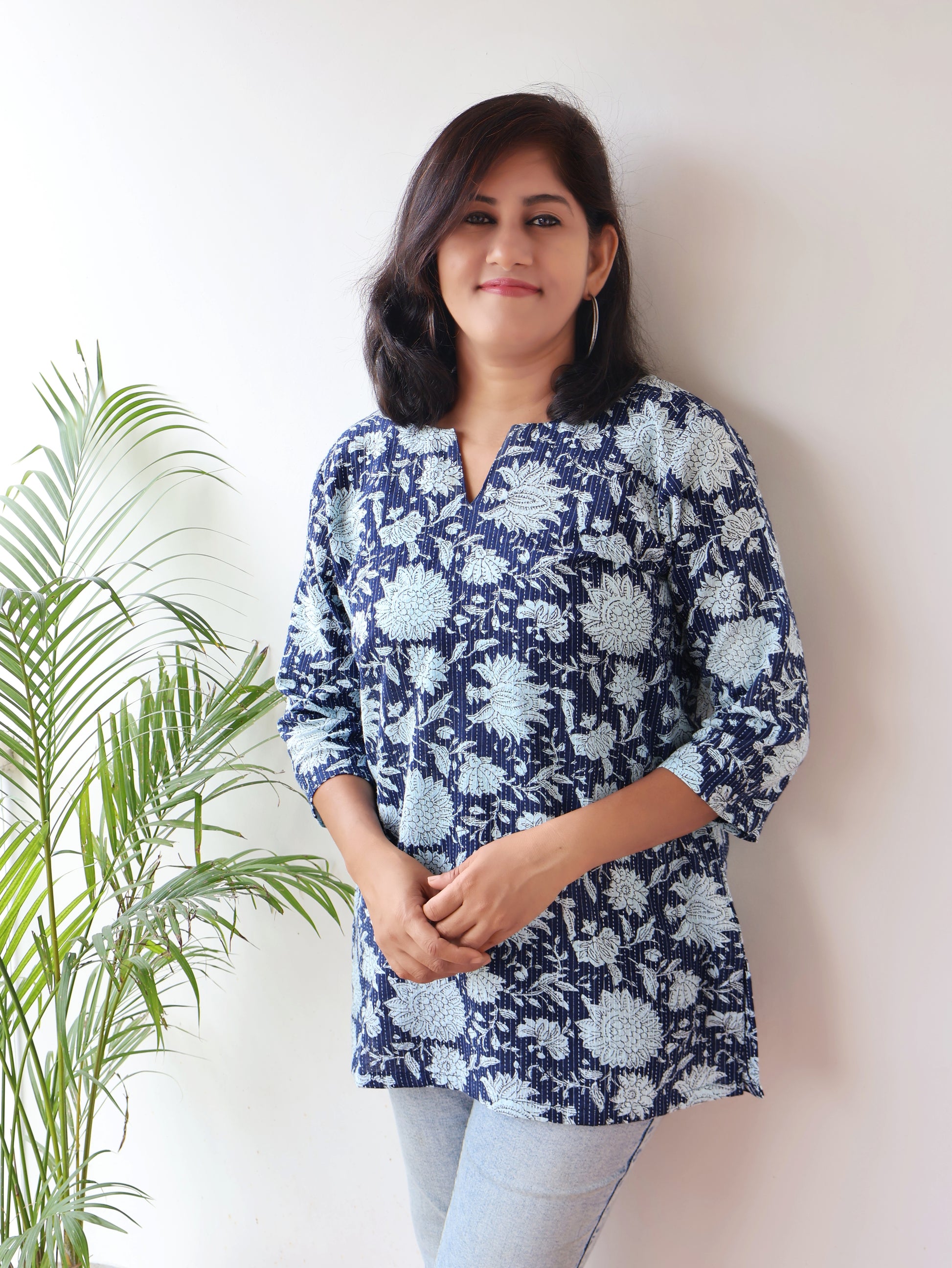 Blue Kantha Floral Cotton Short Top
