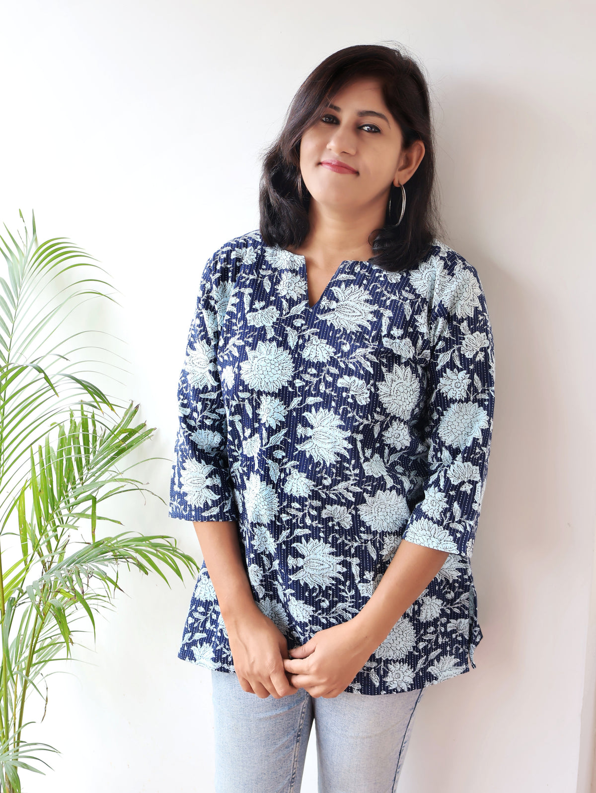 Blue Kantha Floral Cotton Short Top