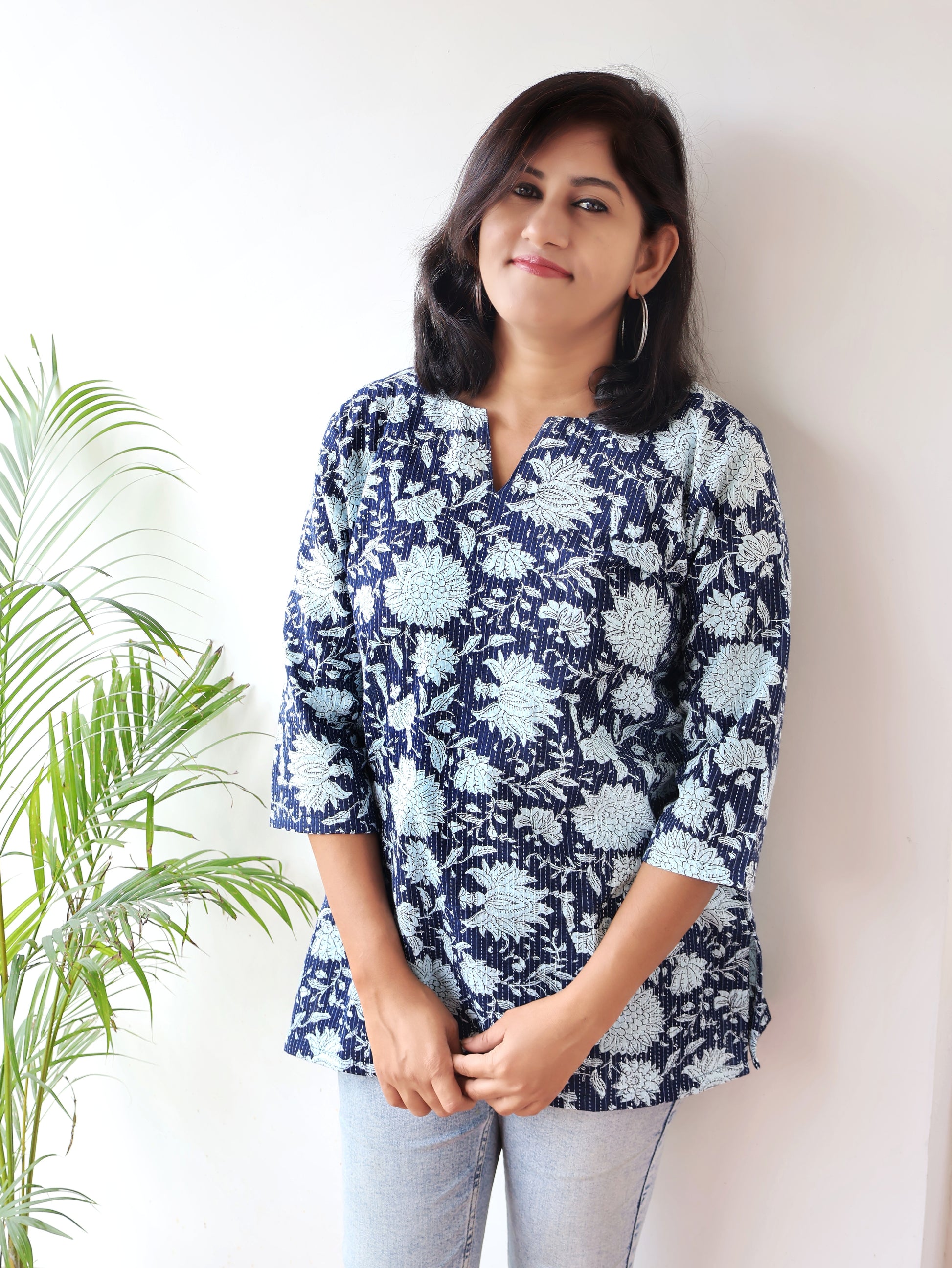 Blue Kantha Floral Cotton Short Top