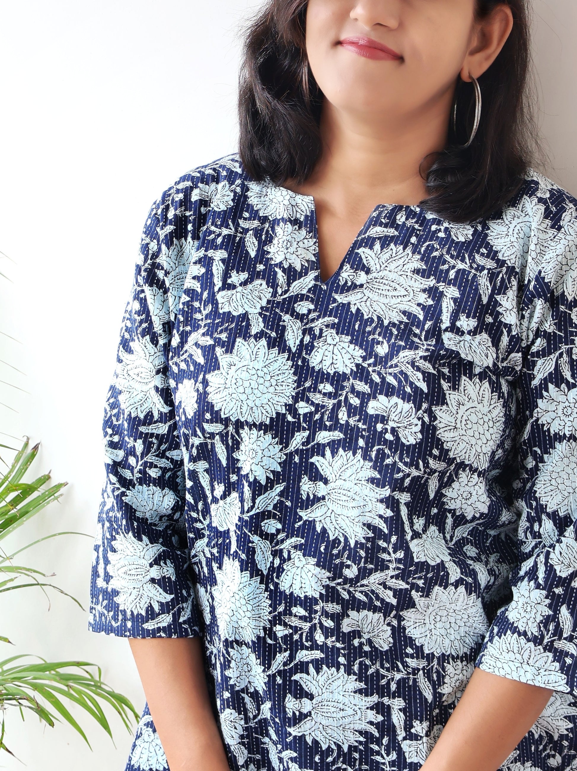 Blue Kantha Floral Cotton Short Top