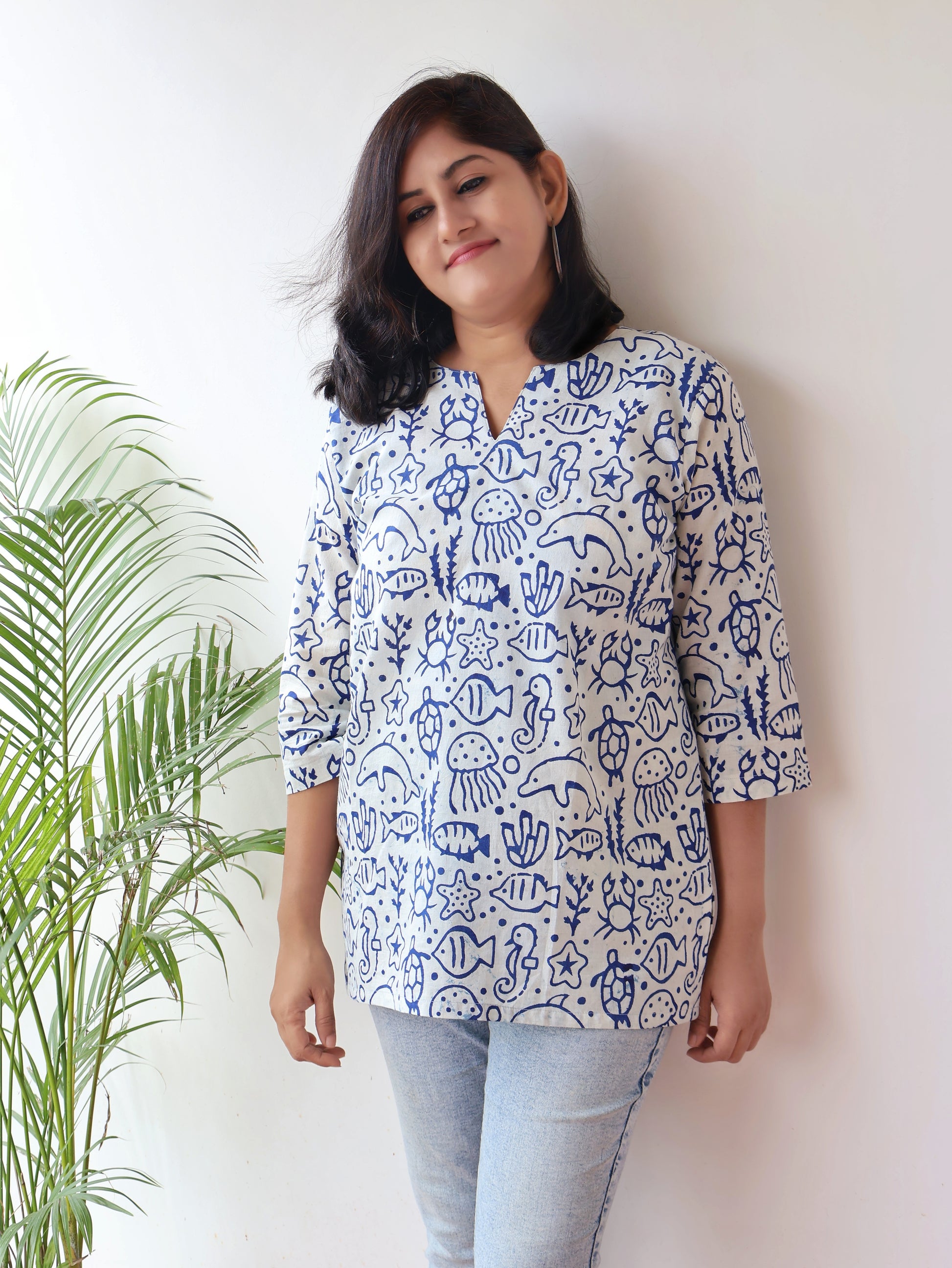 Blue Fish Print Hand Block Cotton Short Top