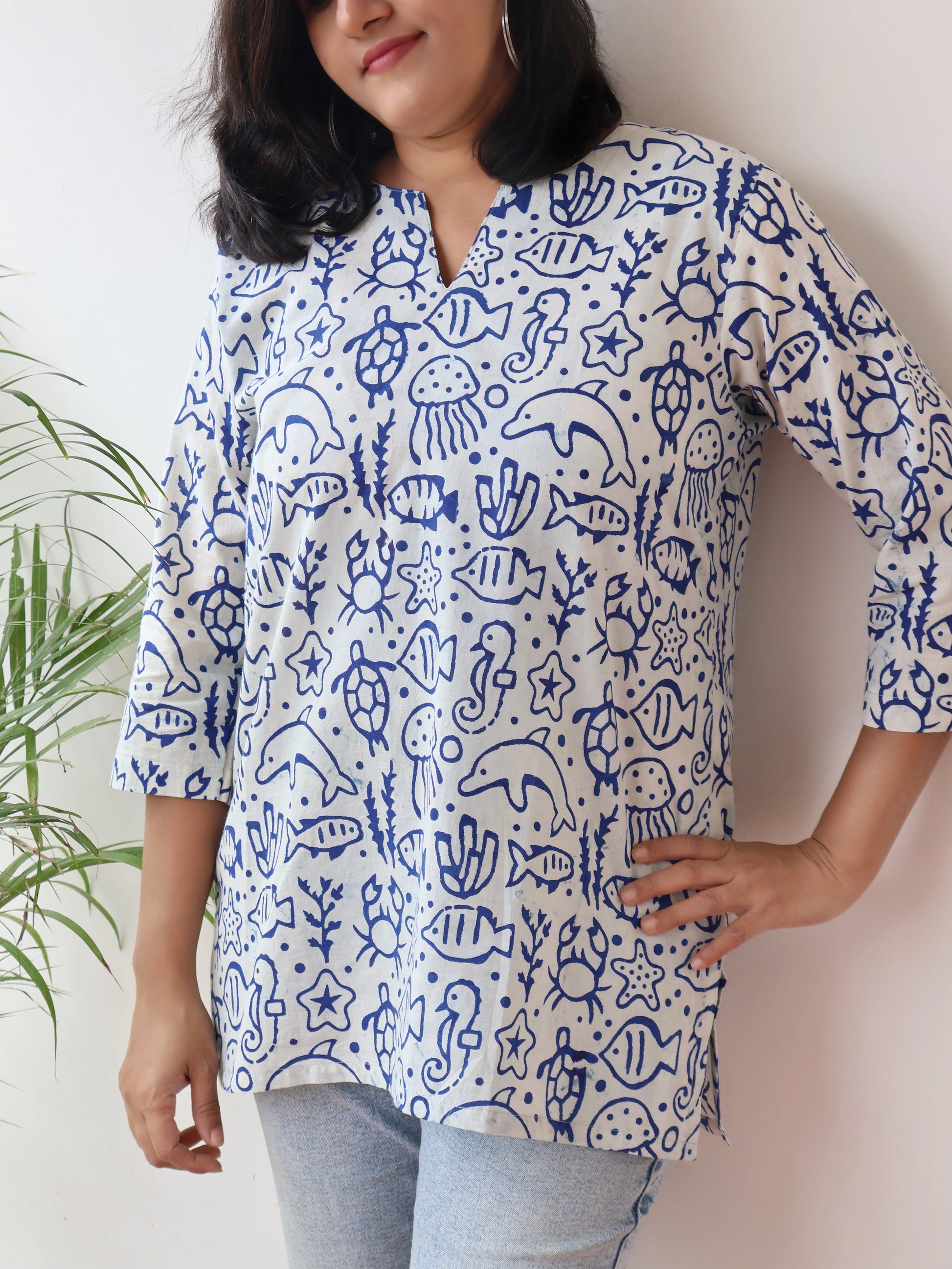Blue Fish Print Hand Block Cotton Short Top