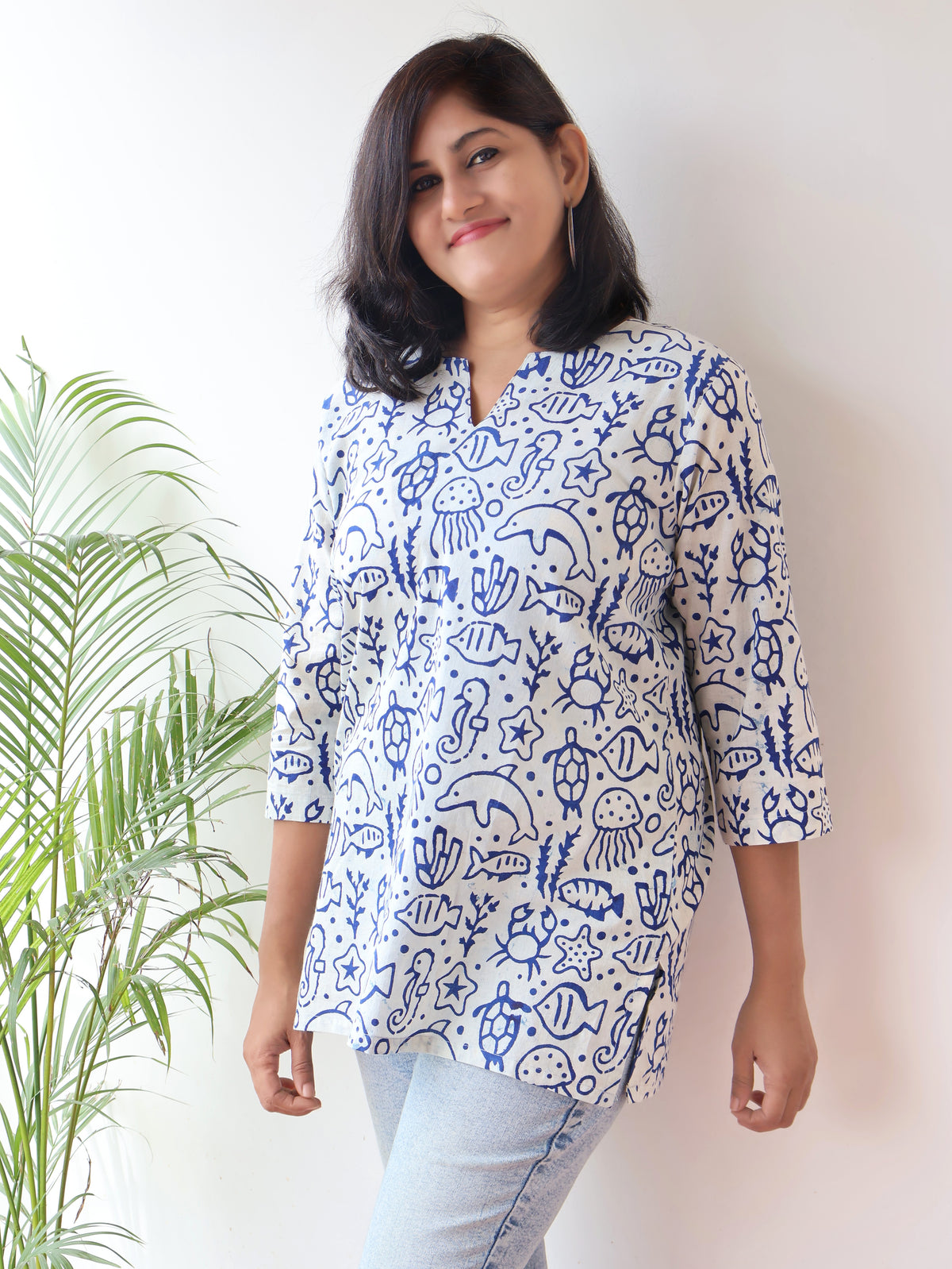 White Blue Nira Hand Block Cotton Short Top