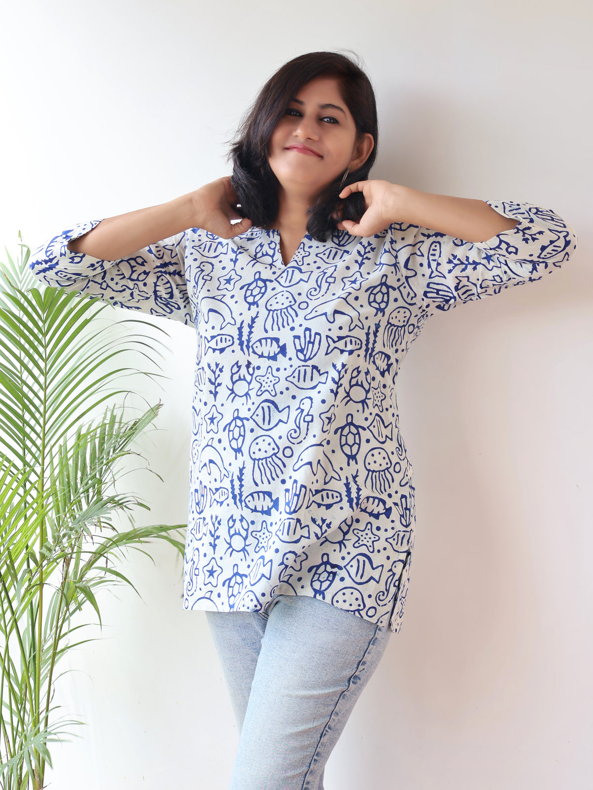 White Blue Nira Hand Block Cotton Short Top