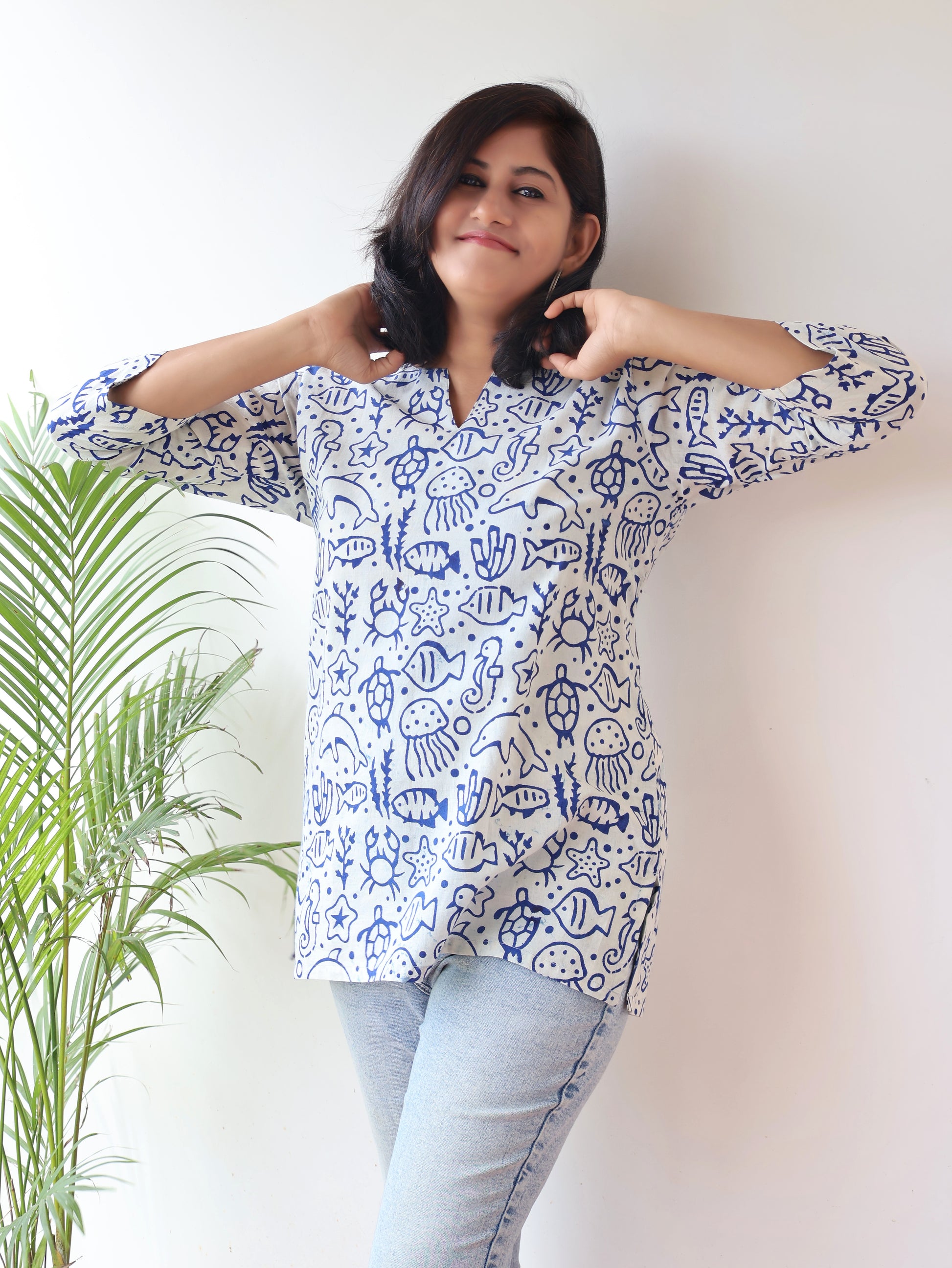 Blue Fish Print Hand Block Cotton Short Top