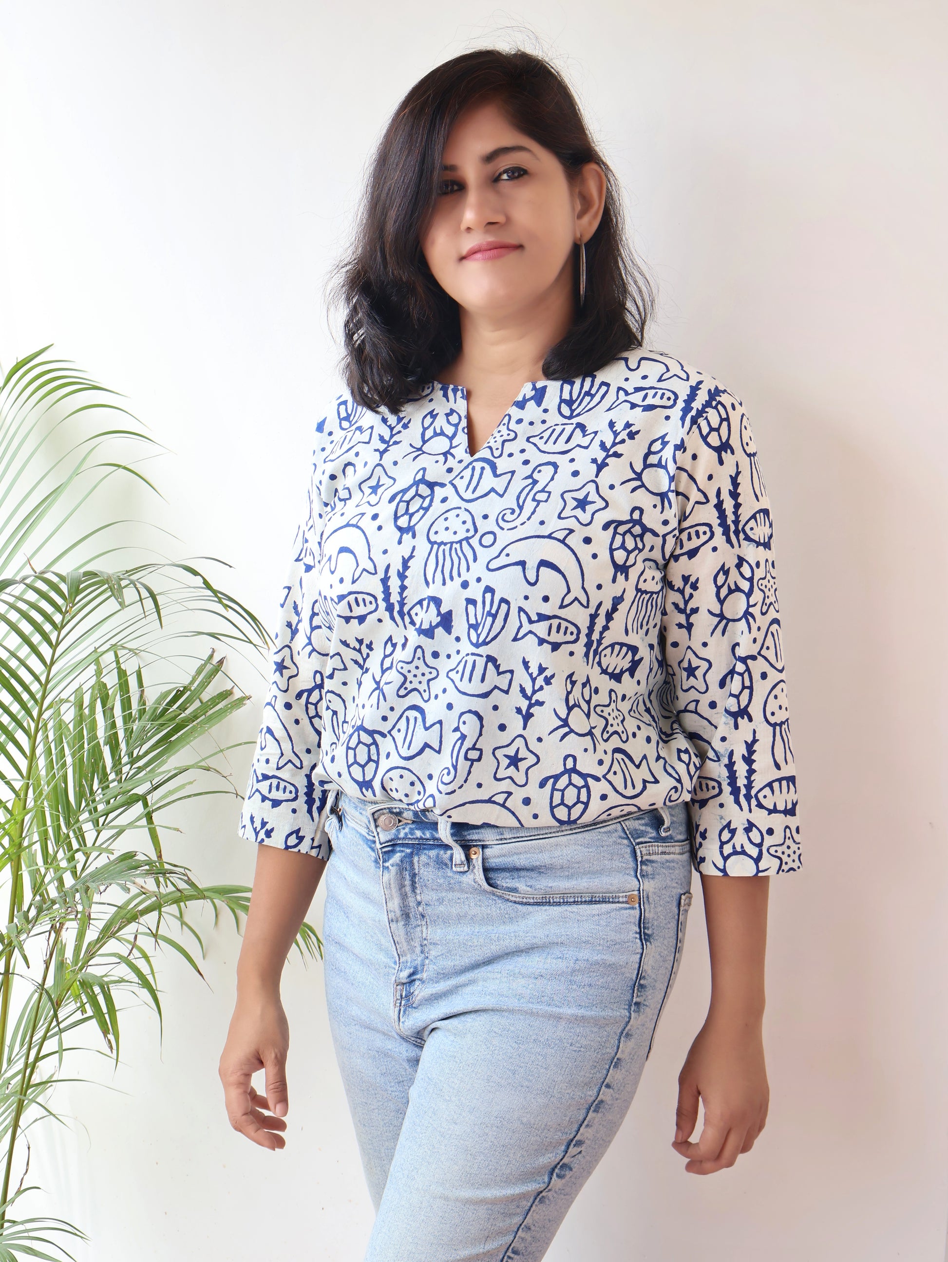 Blue Fish Print Hand Block Cotton Short Top