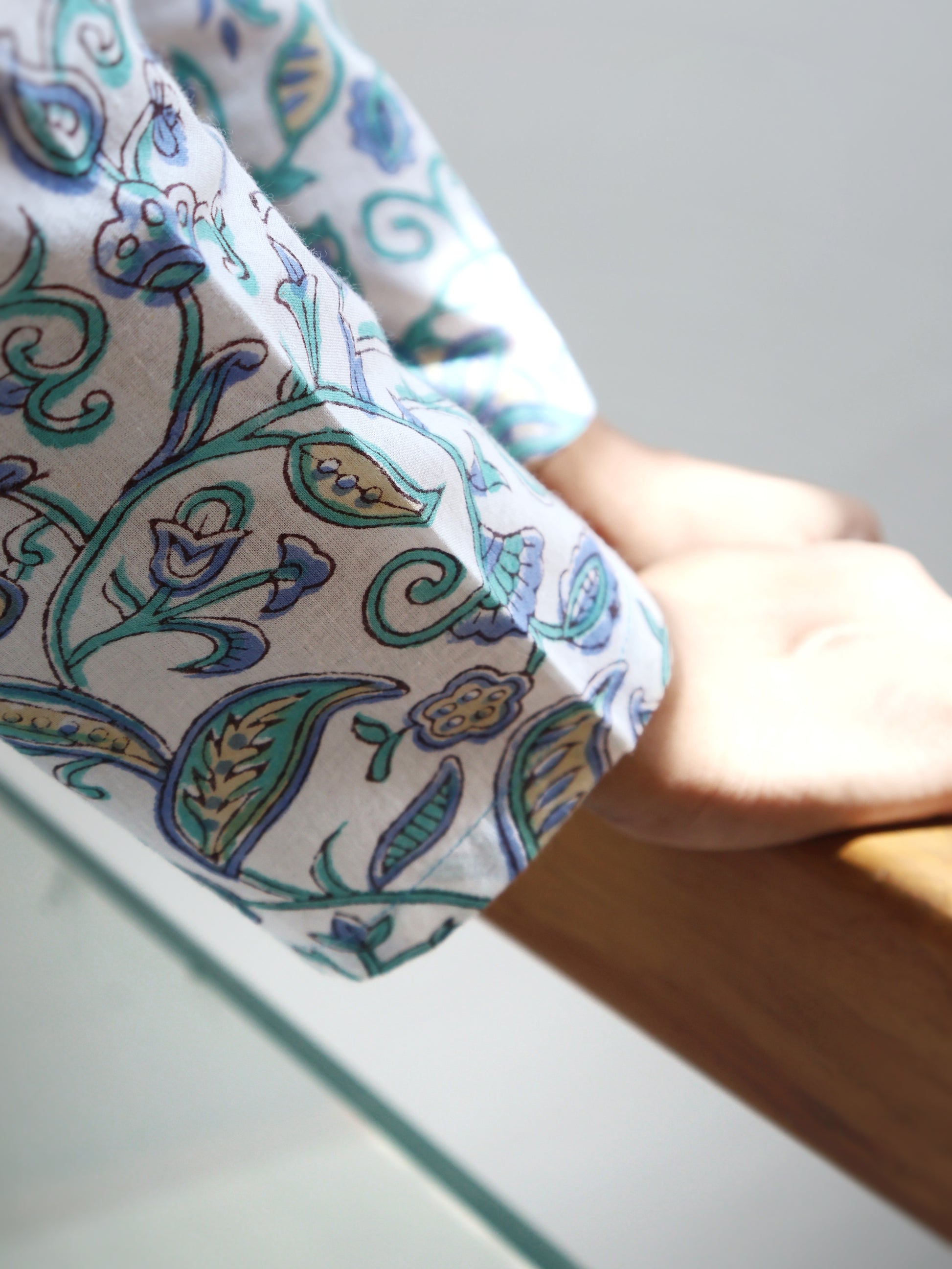 White Blue Sanganeri Hand Block Paneled Cotton Kurta