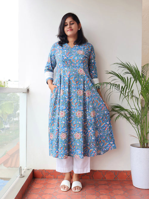 Azure Bloom Sanganeri Hand Block Print Cotton Kurta