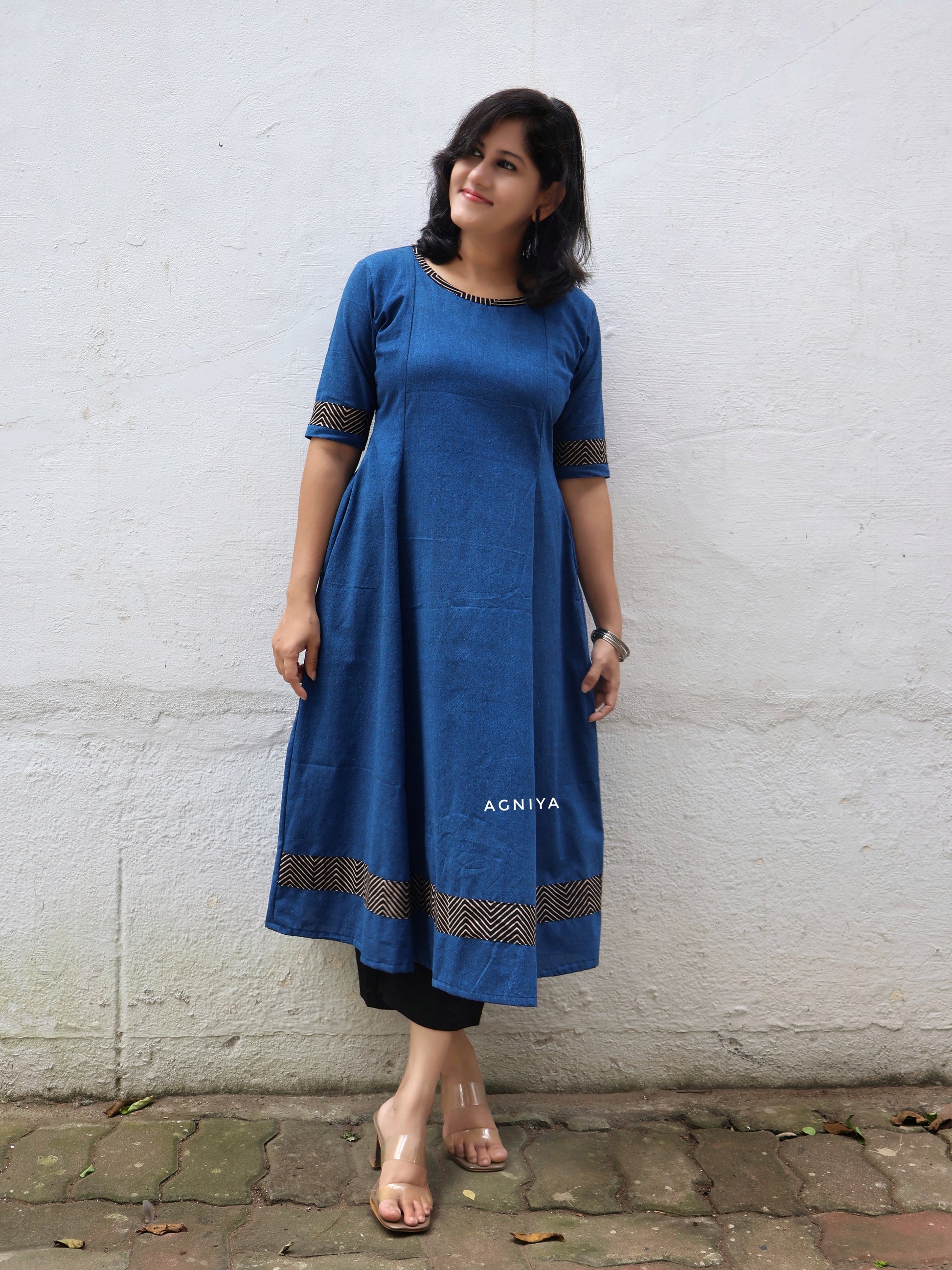 Blue Handwoven Cotton Paneled Long Kurta