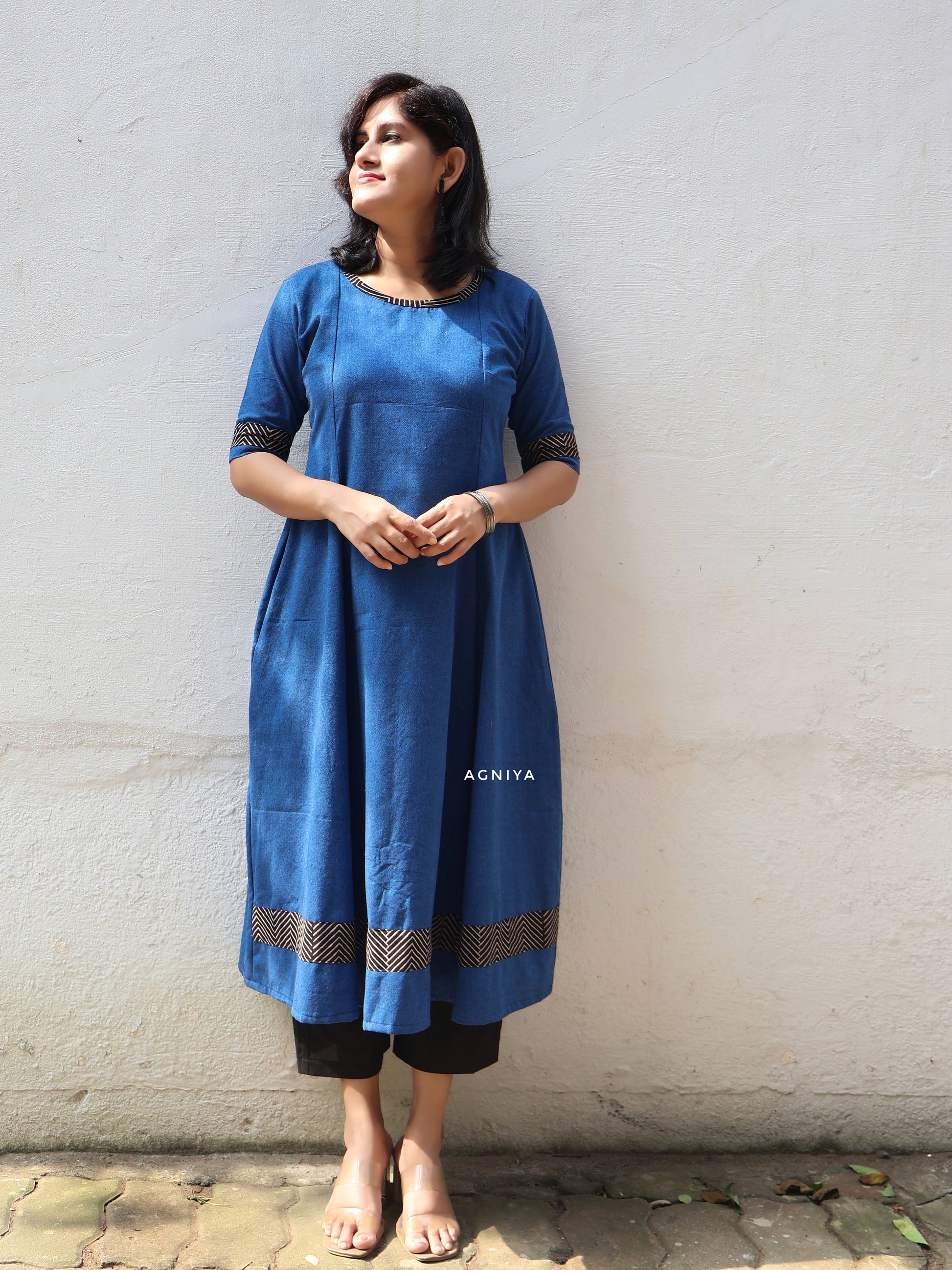 Blue Handwoven Cotton Paneled Long Kurta