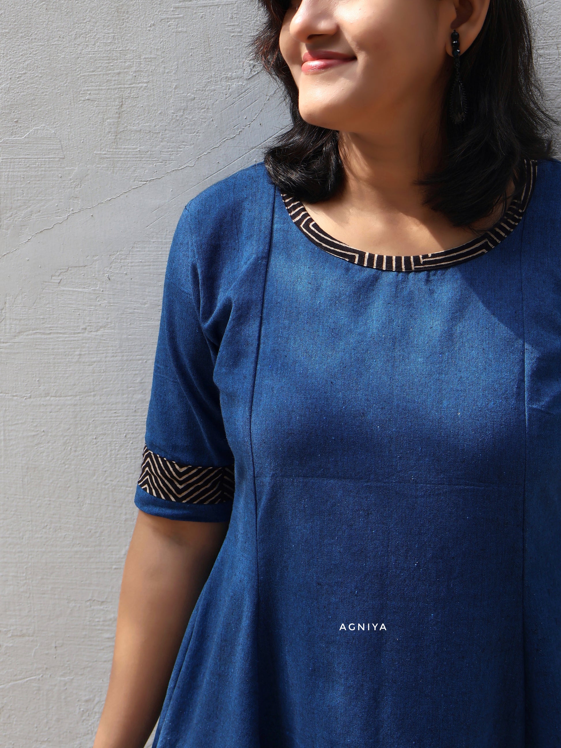 Blue Handwoven Cotton Paneled Long Kurta