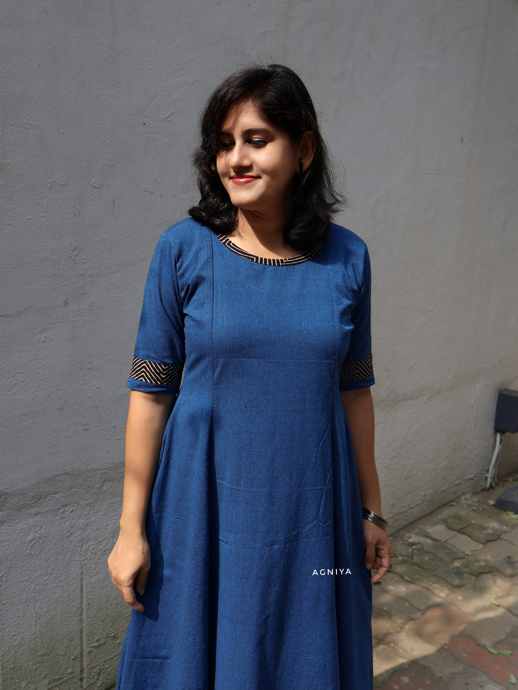 Blue Handwoven Cotton Paneled Long Kurta
