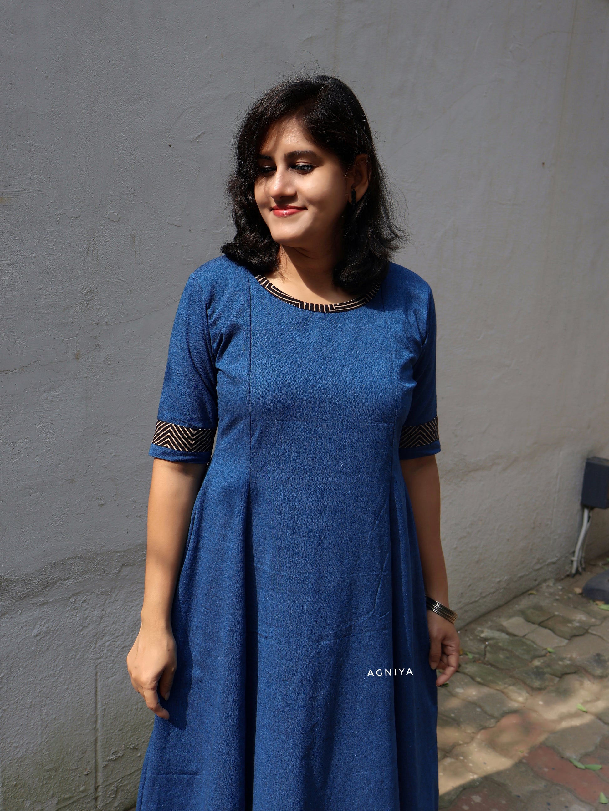 Blue Handwoven Cotton Paneled Long Kurta