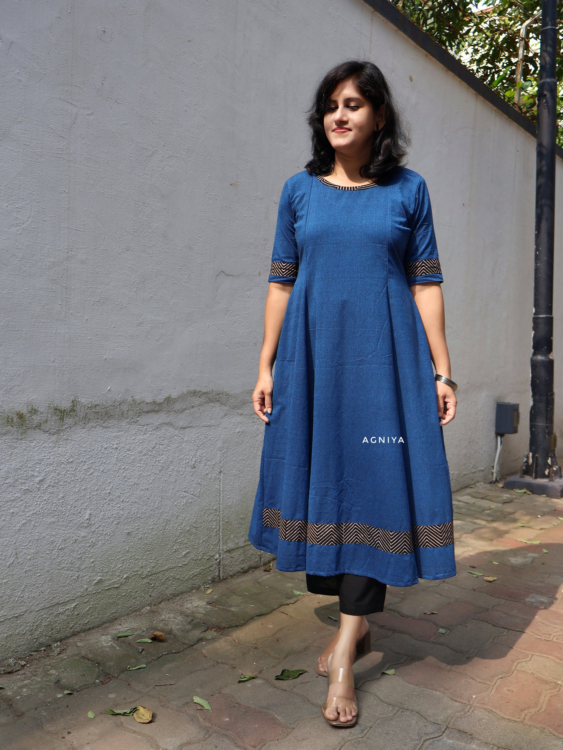 Blue Handwoven Cotton Paneled Long Kurta
