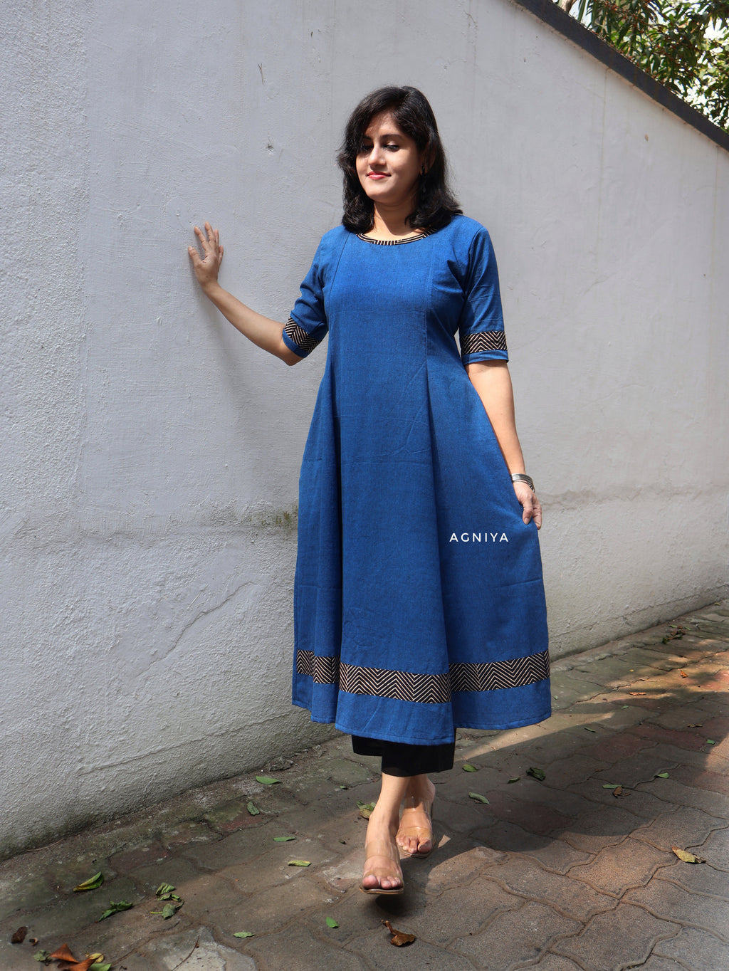 Blue Handwoven Cotton Paneled Long Kurta