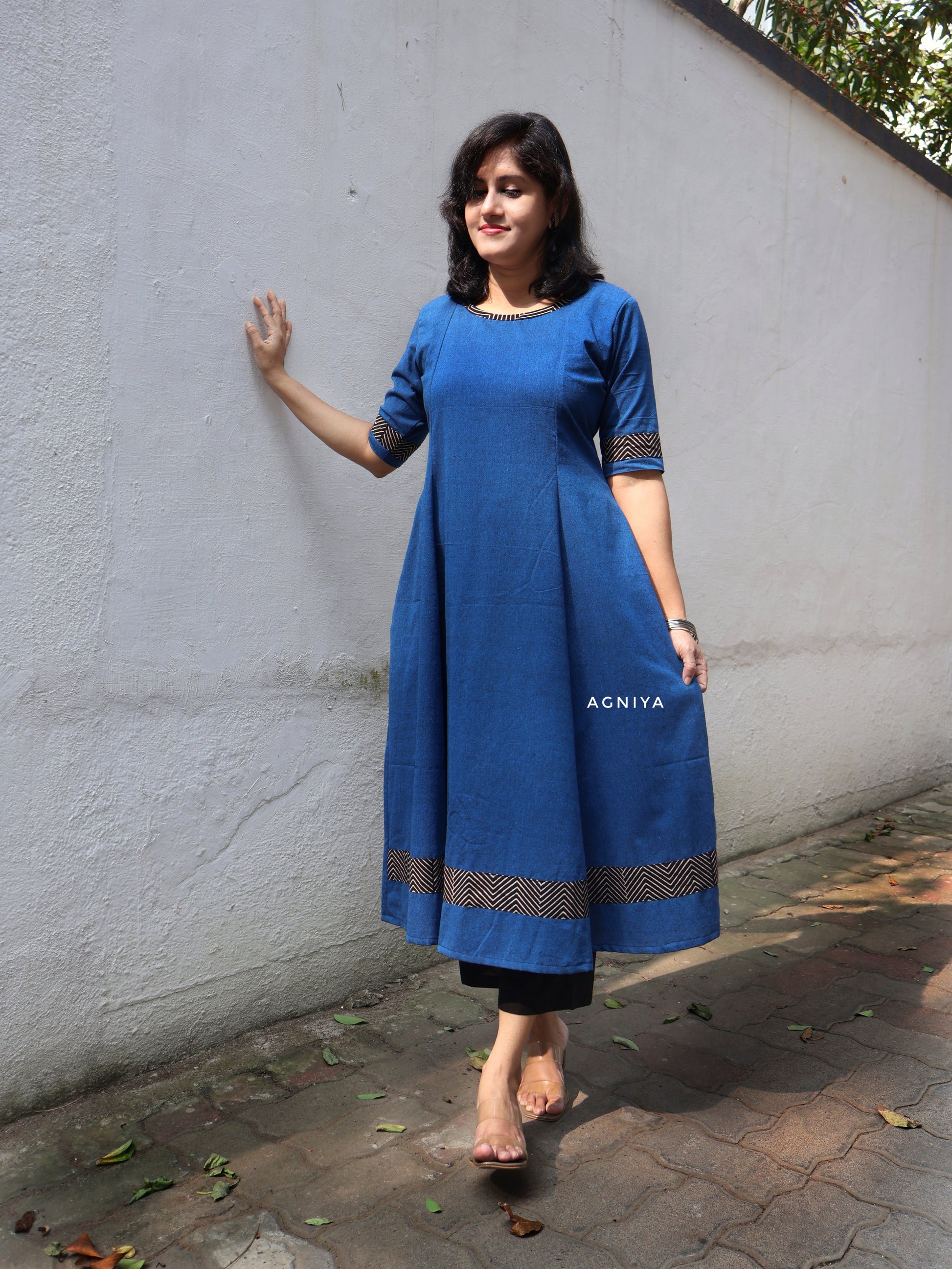 Blue Handwoven Cotton Paneled Long Kurta