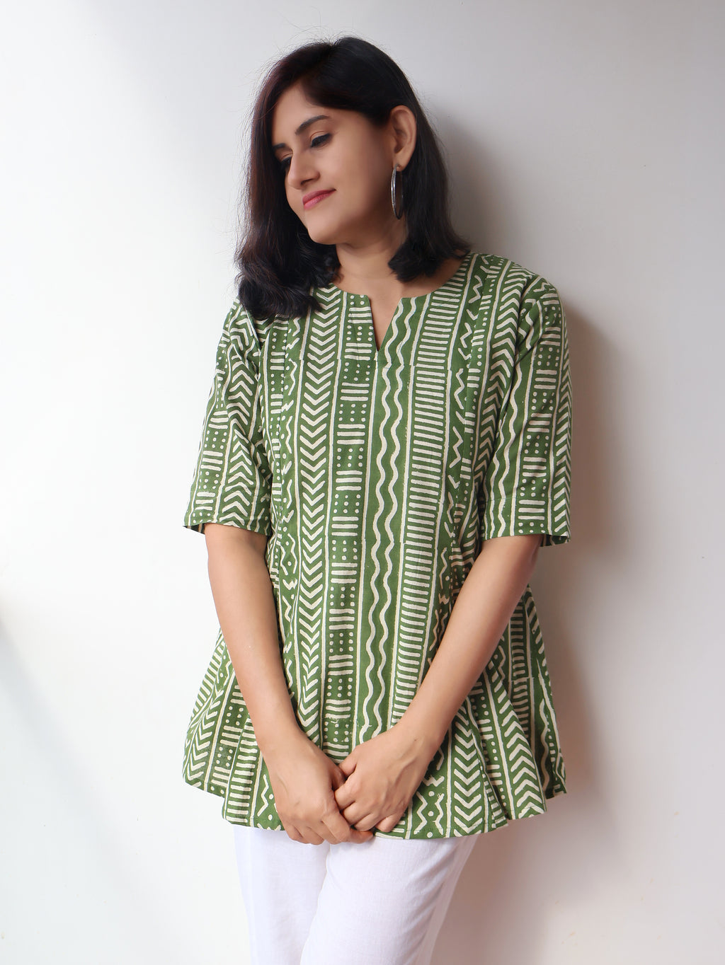 Green Meadow Charm Geometric Paneled Cotton Short Top
