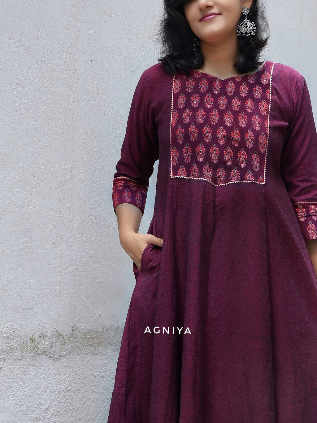 Burgundy Handwoven Ethnic Cotton Kurta with Ajrakh Yoke (Few Sizes Left)