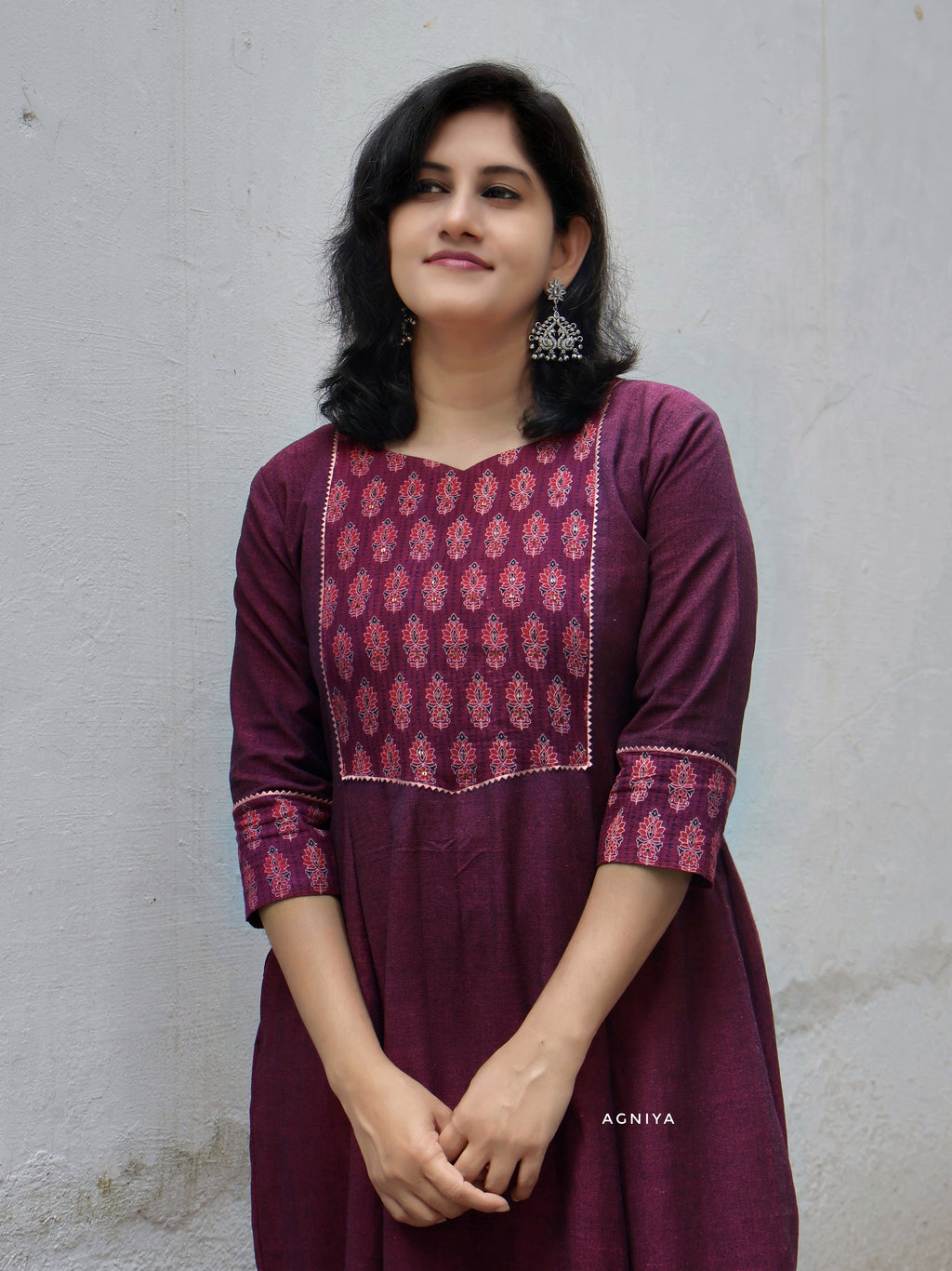 Burgundy Handwoven Ethnic Cotton Kurta with Ajrakh Yoke (Few Sizes Left)