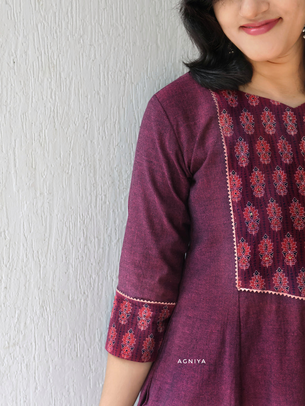 Burgundy Handwoven Ethnic Cotton Kurta with Ajrakh Yoke (Few Sizes Left)