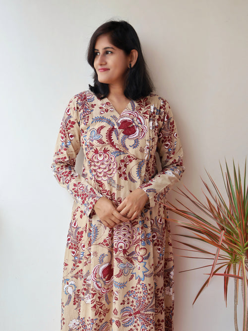 Beige Burgundy Floral Pintuck Aline Cotton Kurta