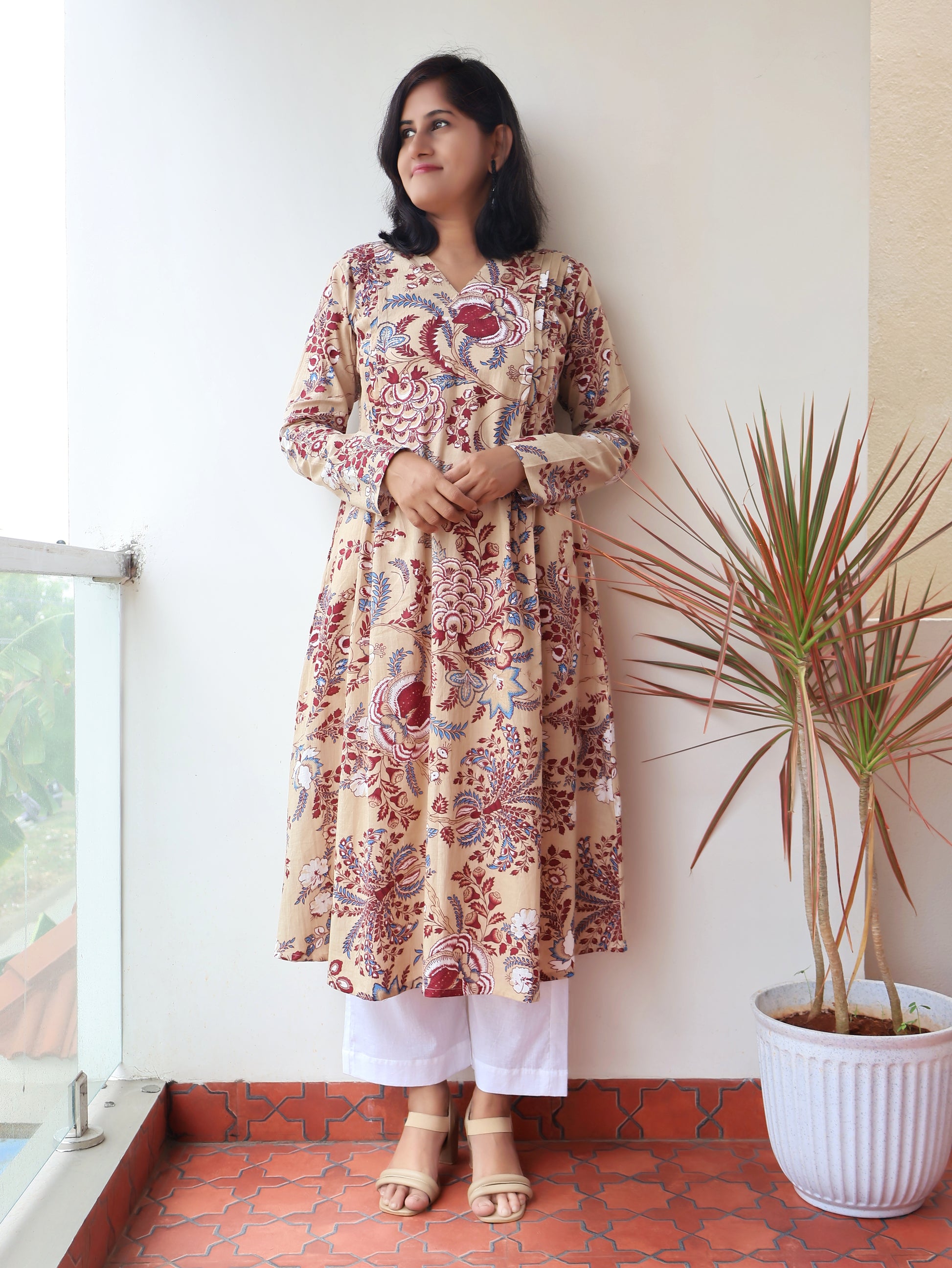 Beige Burgundy Floral Pintuck Aline Cotton Kurta