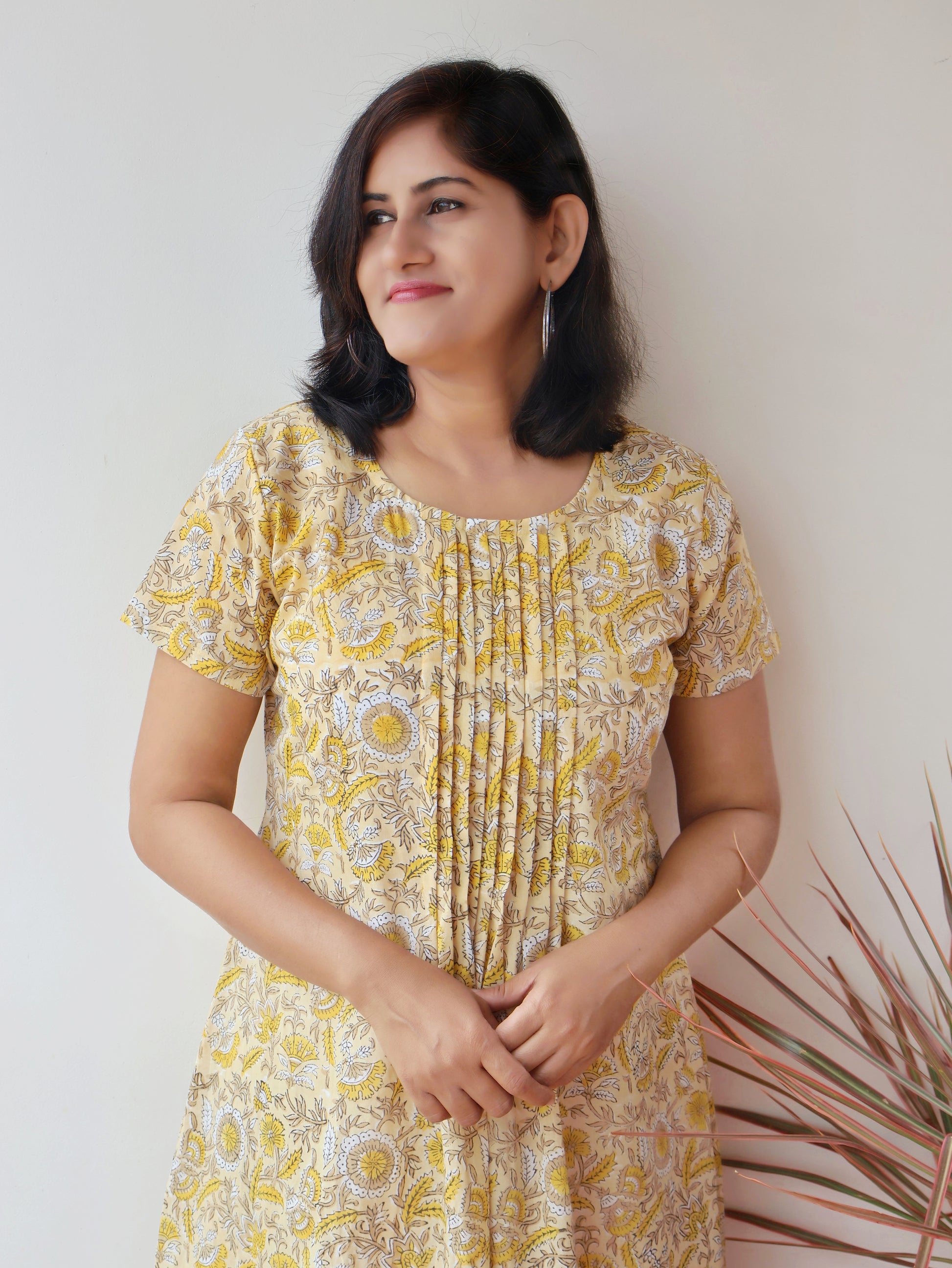 Creamy Yellow Pintuck Aline Hand Block Cotton Kurta