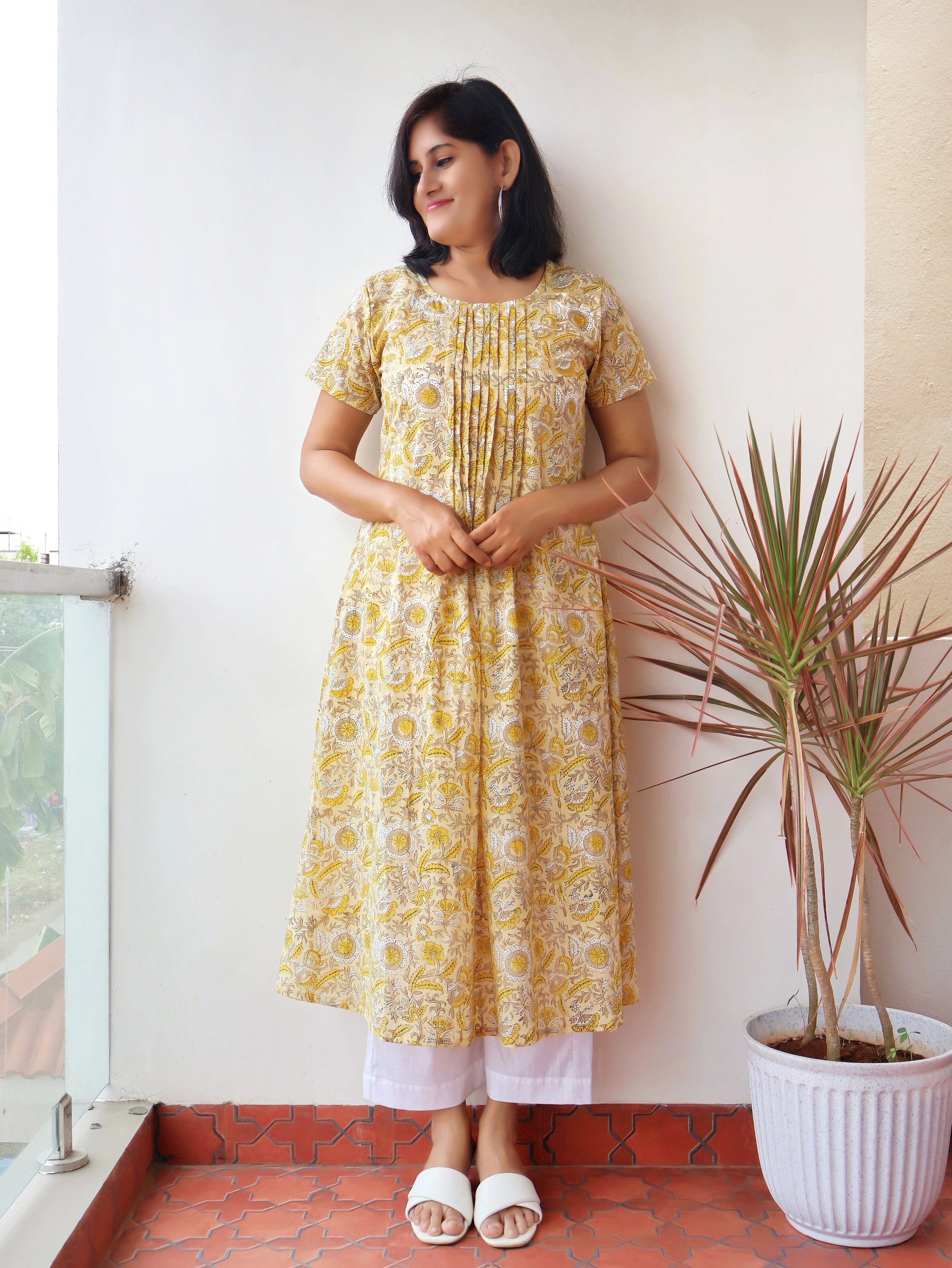 Creamy Yellow Pintuck Aline Hand Block Cotton Kurta