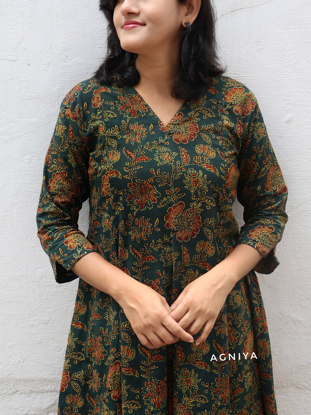 Green Ajrakh Hand Block Paneled Long Kurta