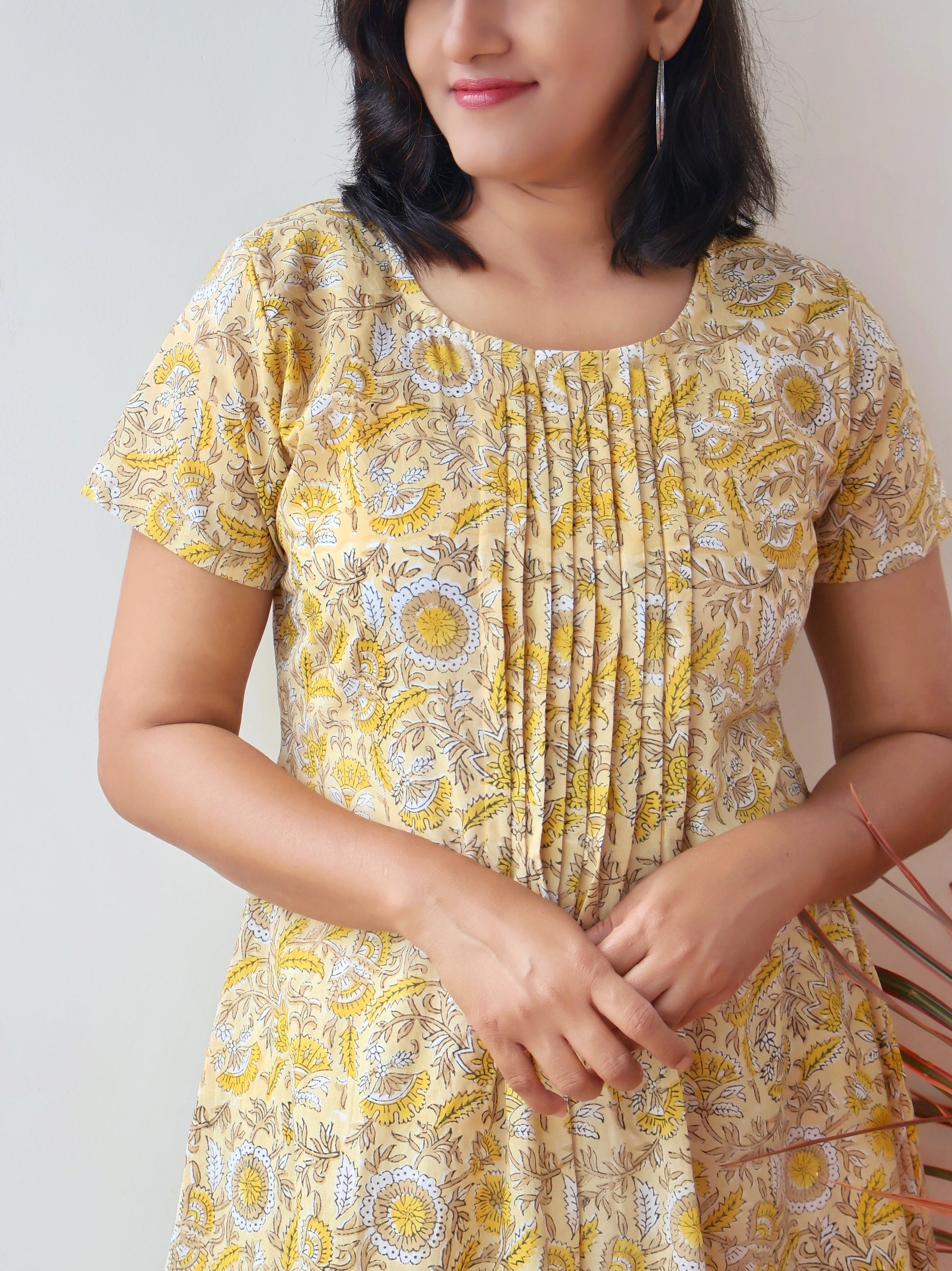 Creamy Yellow Pintuck Aline Hand Block Cotton Kurta