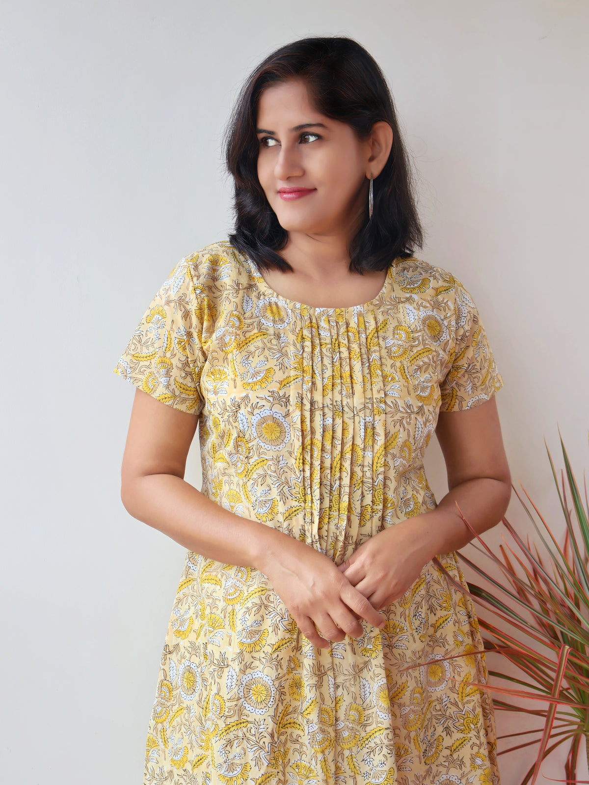 Creamy Yellow Hand Block Pintuck Aline Cotton Kurta