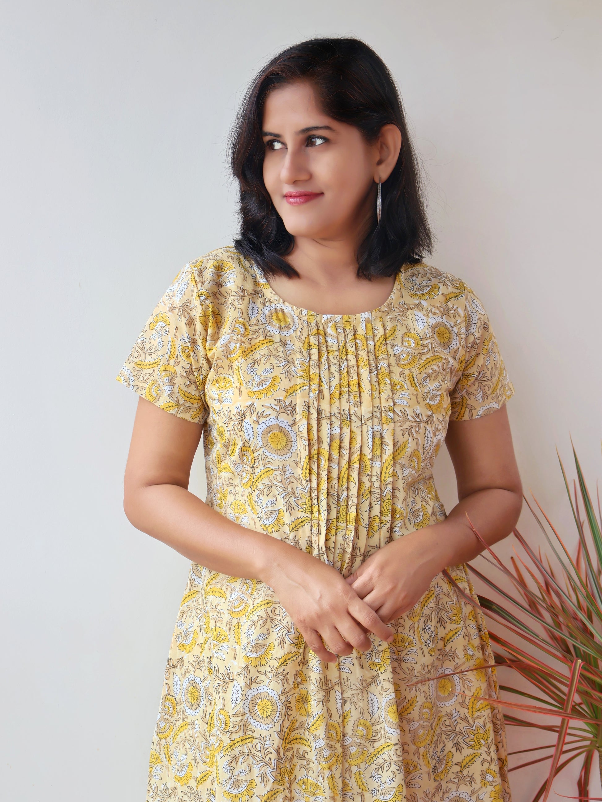 Creamy Yellow Pintuck Aline Hand Block Cotton Kurta