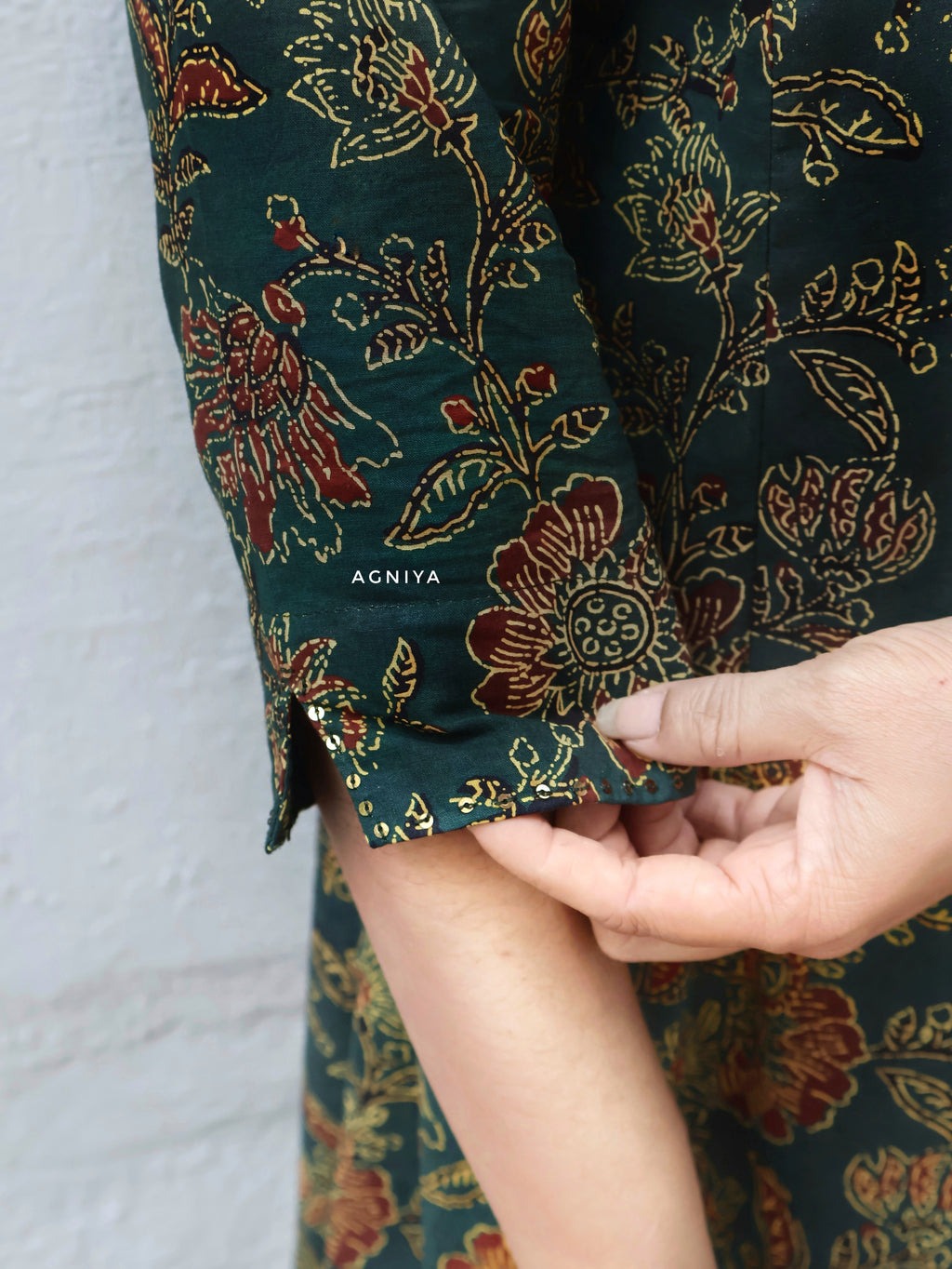 Green Ajrakh Hand Block Paneled Long Kurta