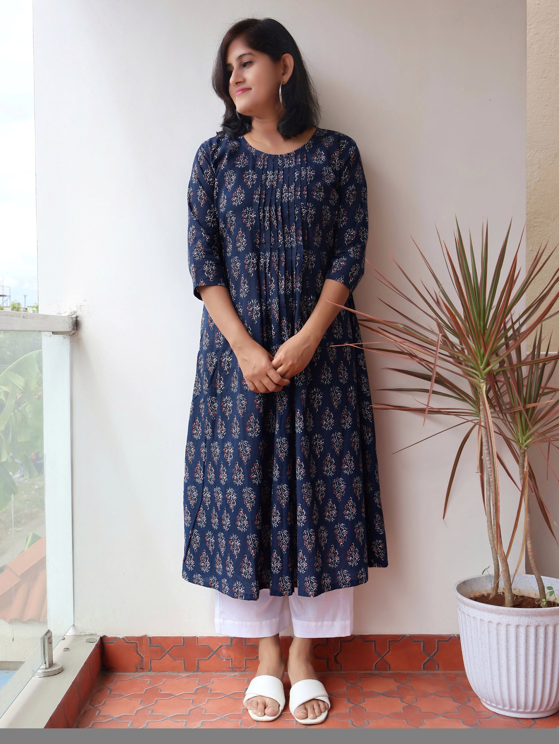 Berry Blue Cotton Pintuck Aline Kurta