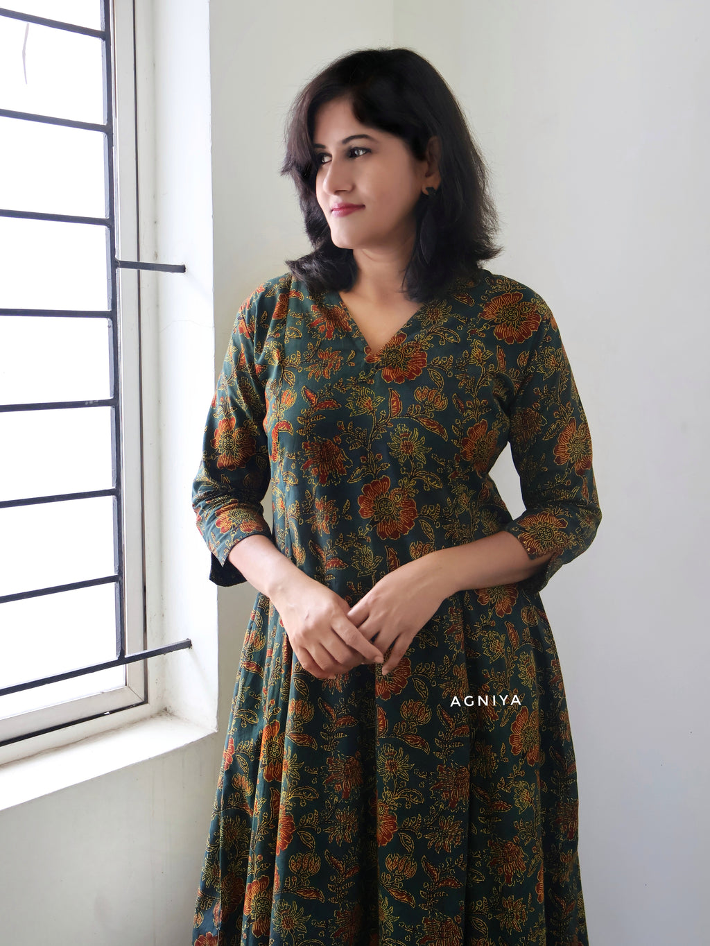 Green Ajrakh Hand Block Paneled Long Kurta