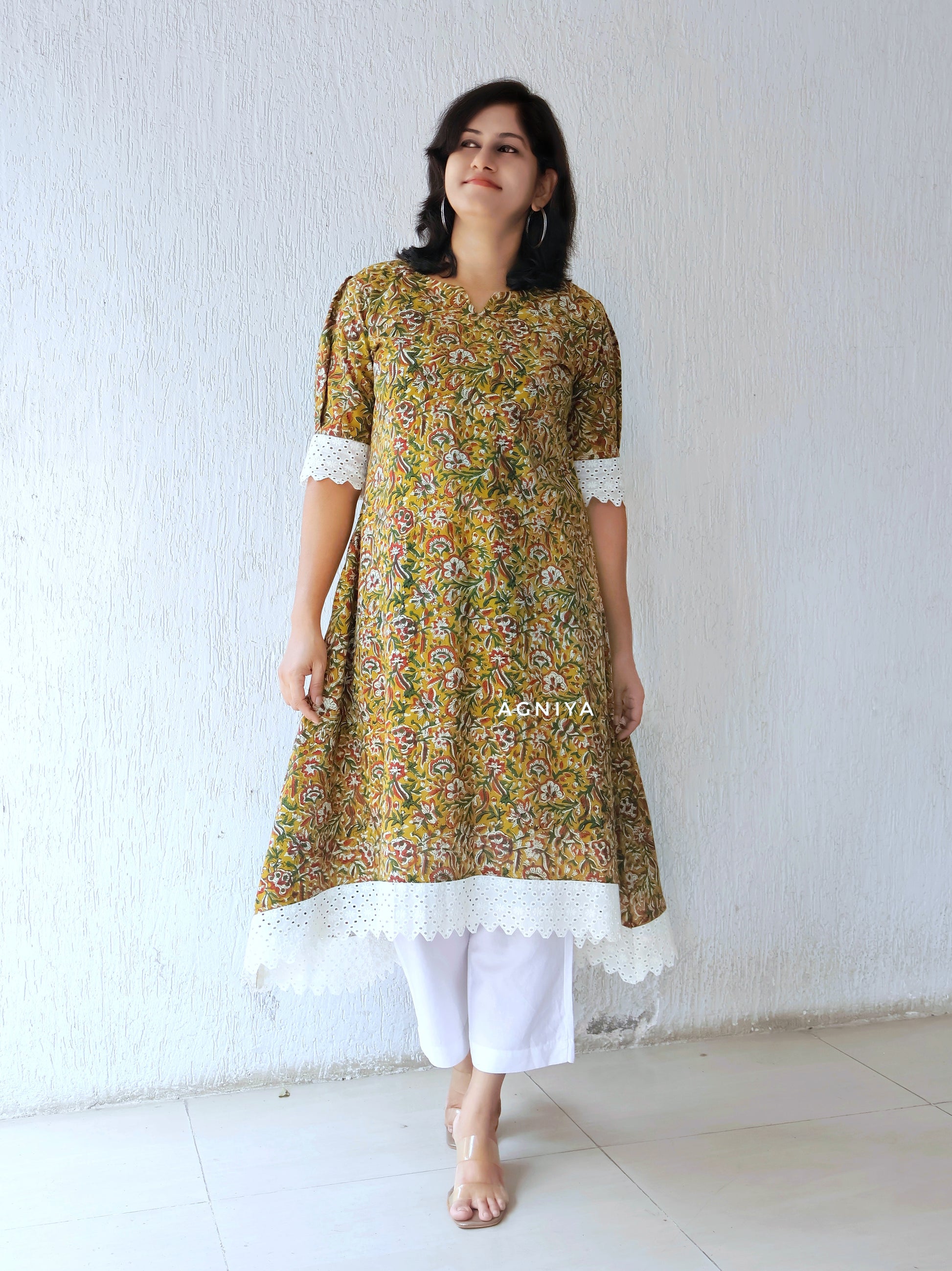Mustard Green Kalamkari Cotton Hand Block Asymmetrical  Kurta