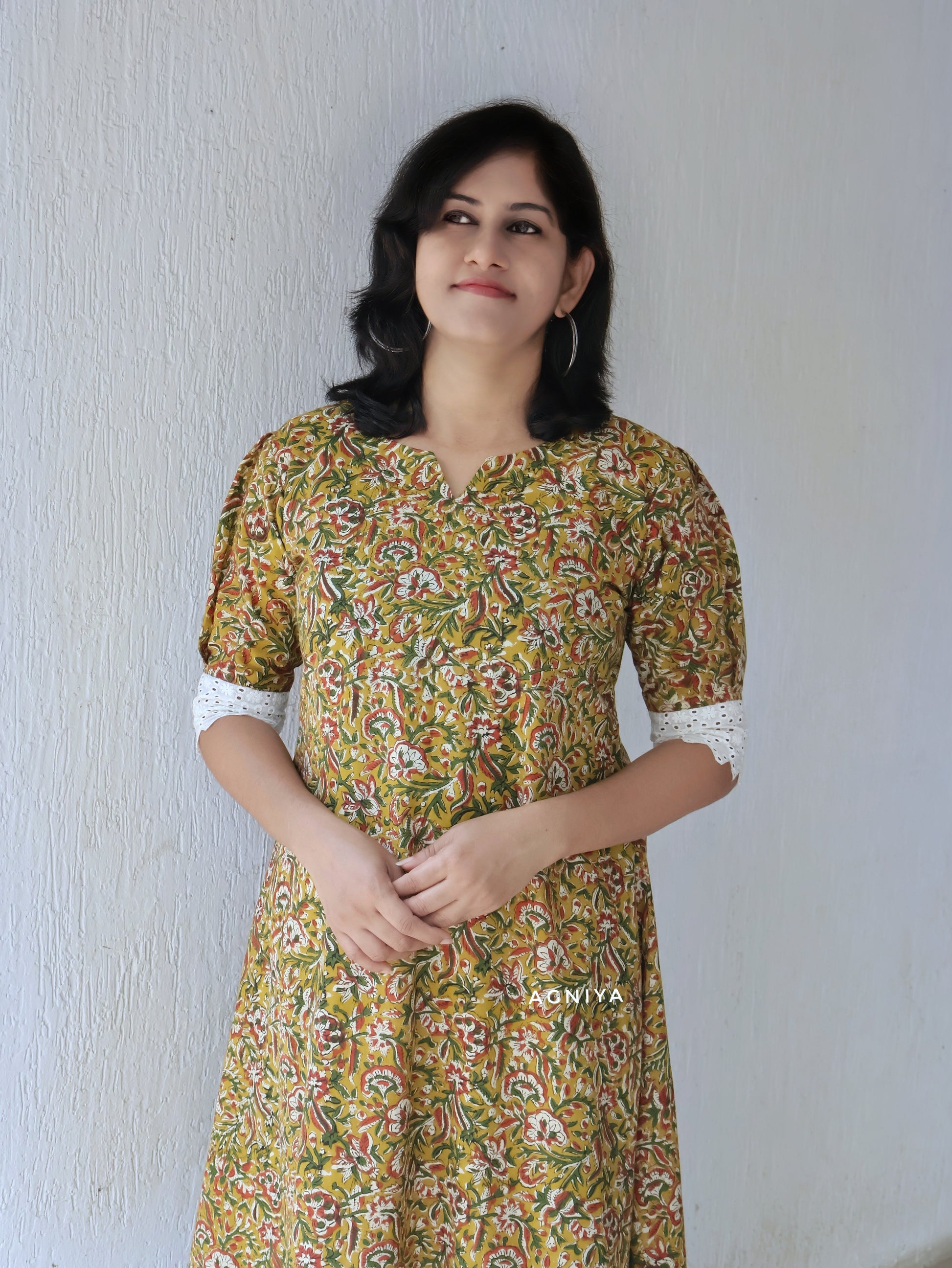 Mustard Green Kalamkari Cotton Hand Block Asymmetrical  Kurta