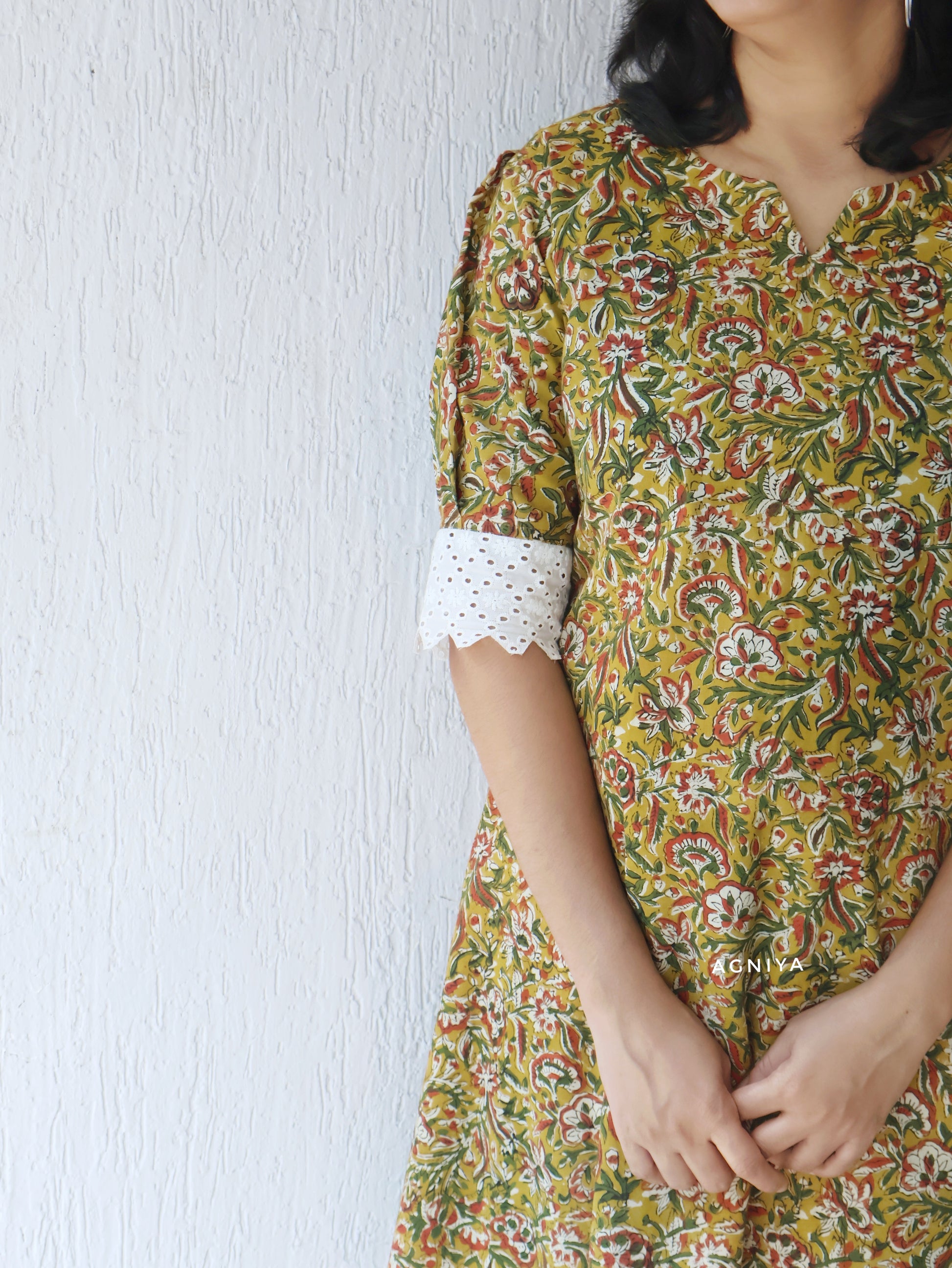 Mustard Green Kalamkari Cotton Hand Block Asymmetrical  Kurta