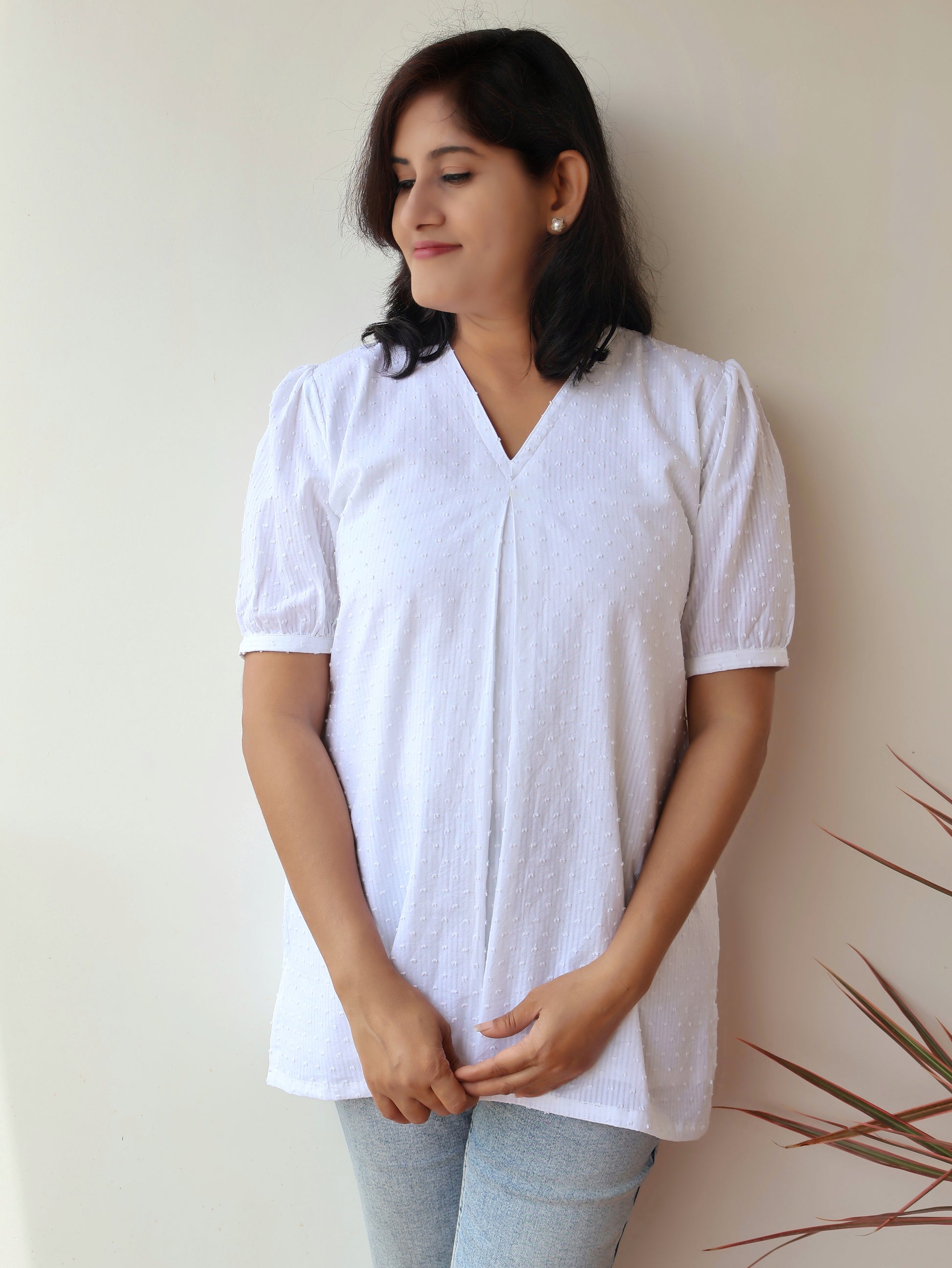 White Puff & Pleats Cotton Short Top with Cotton Lining