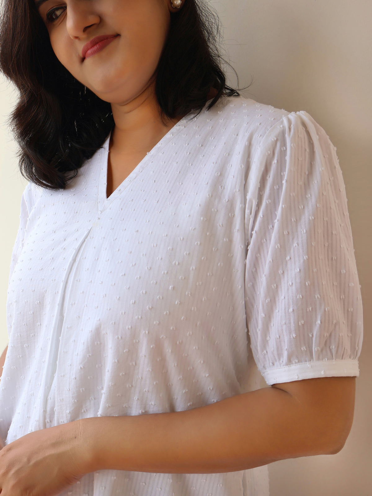 White Puff & Pleats Cotton Short Top with Cotton Lining