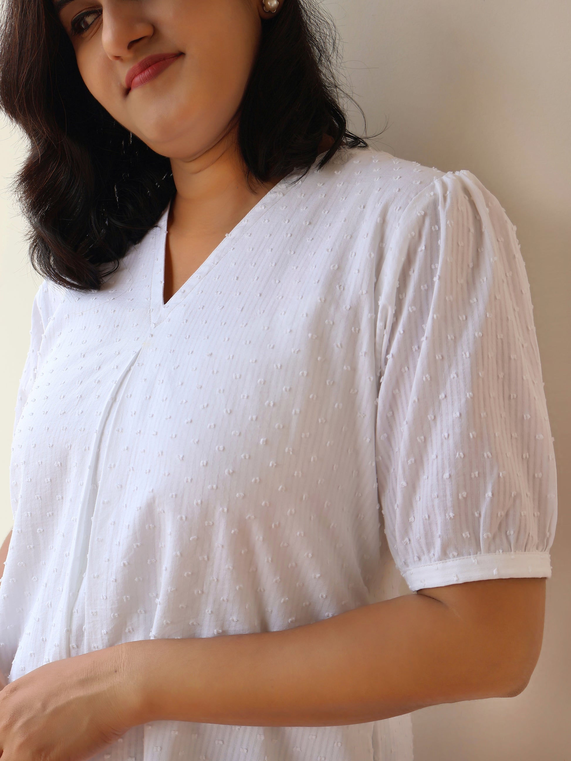 White Puff & Pleats Cotton Short Top with Cotton Lining