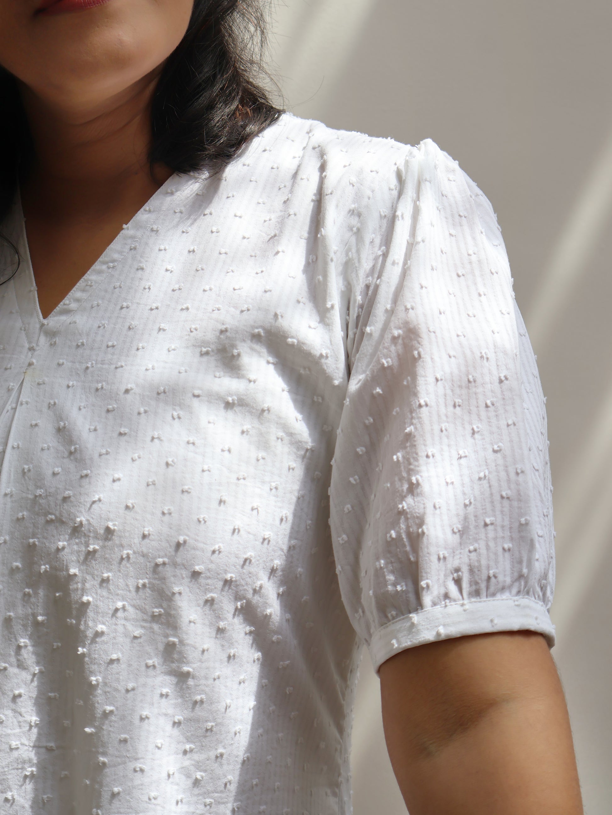 White Puff & Pleats Cotton Short Top with Cotton Lining