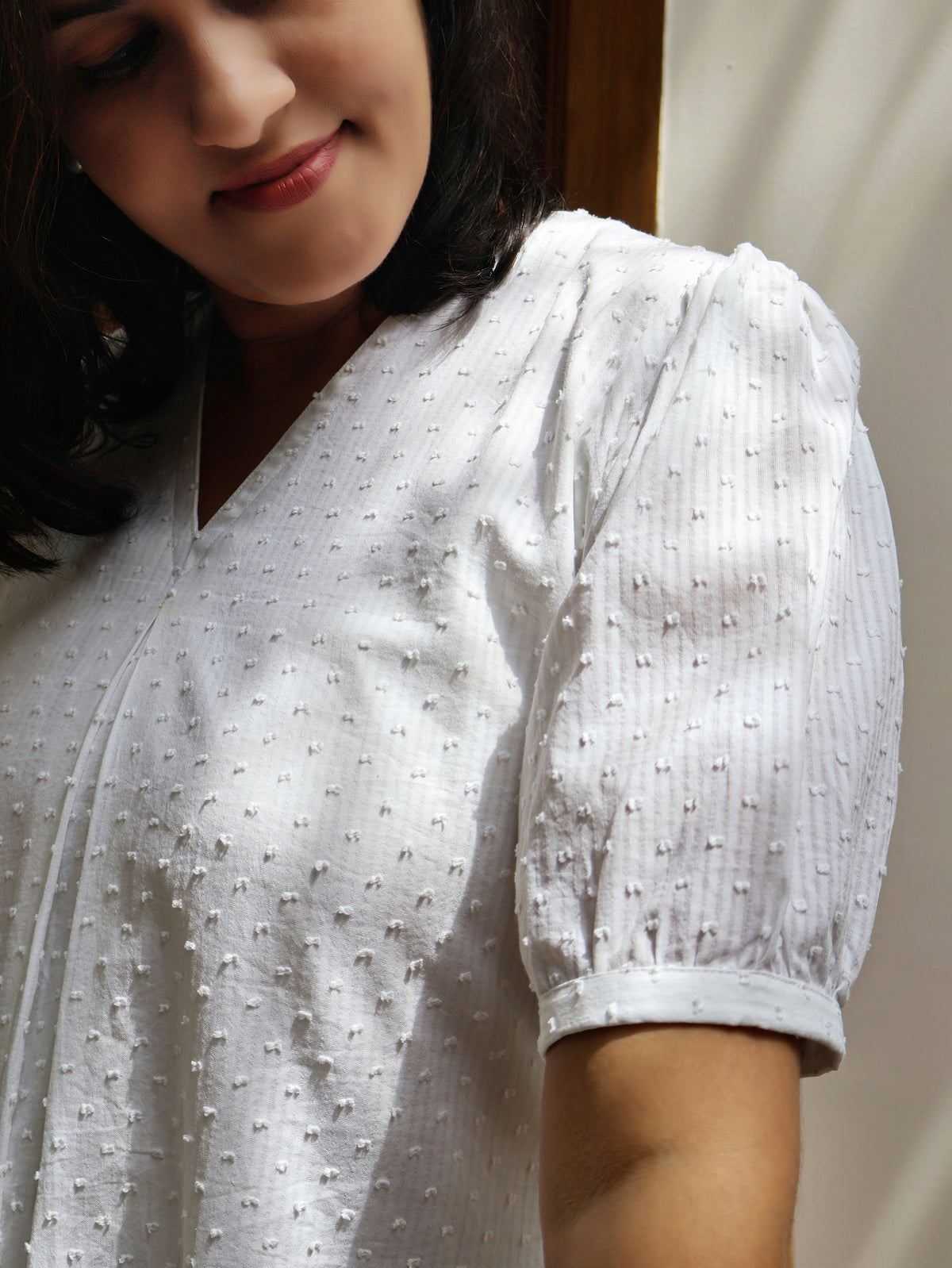 White Puff & Pleats Cotton Short Top with Cotton Lining