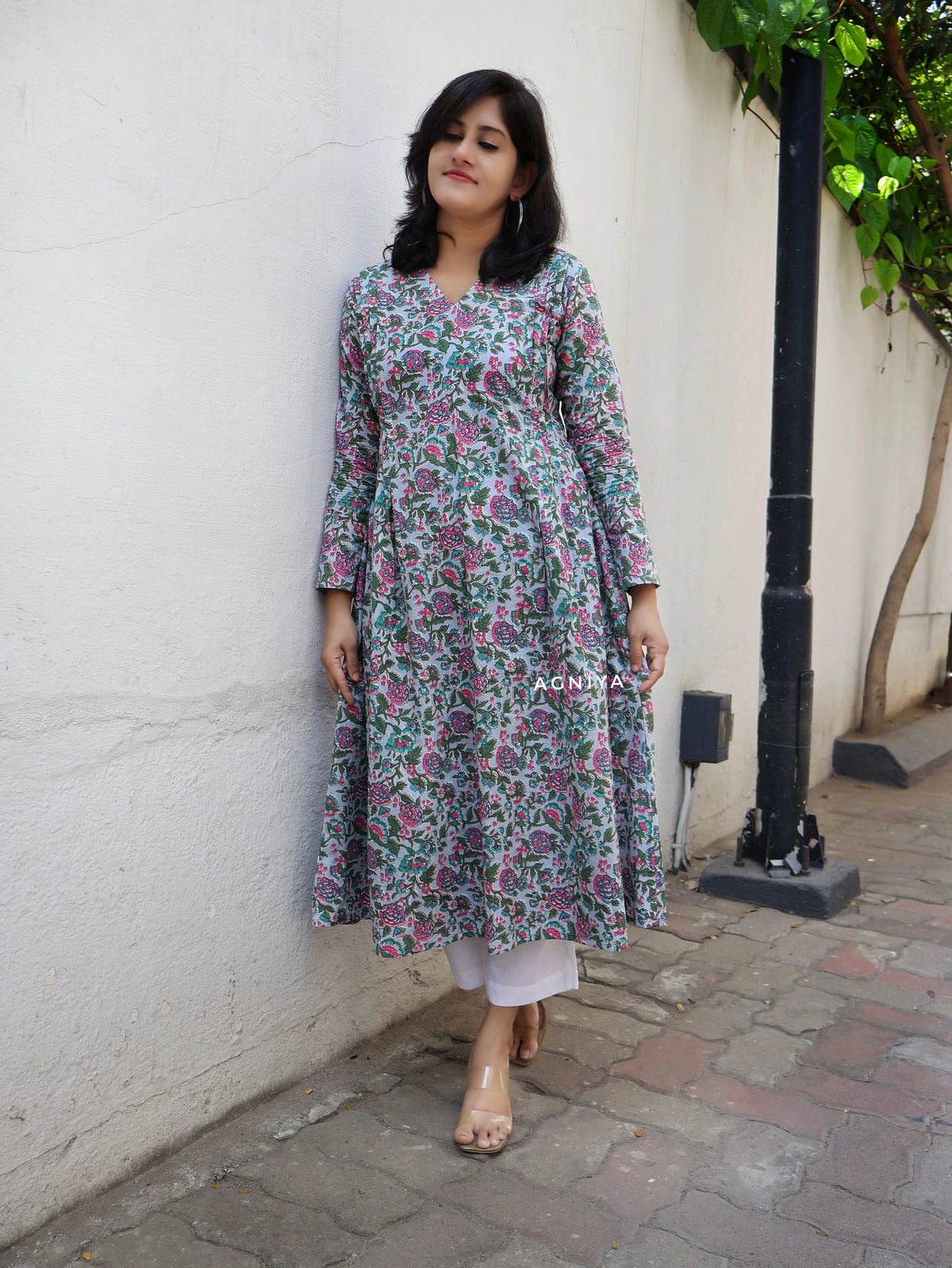 Pastel Blue Pintuck Cotton Aline Kurta with full sleeves
